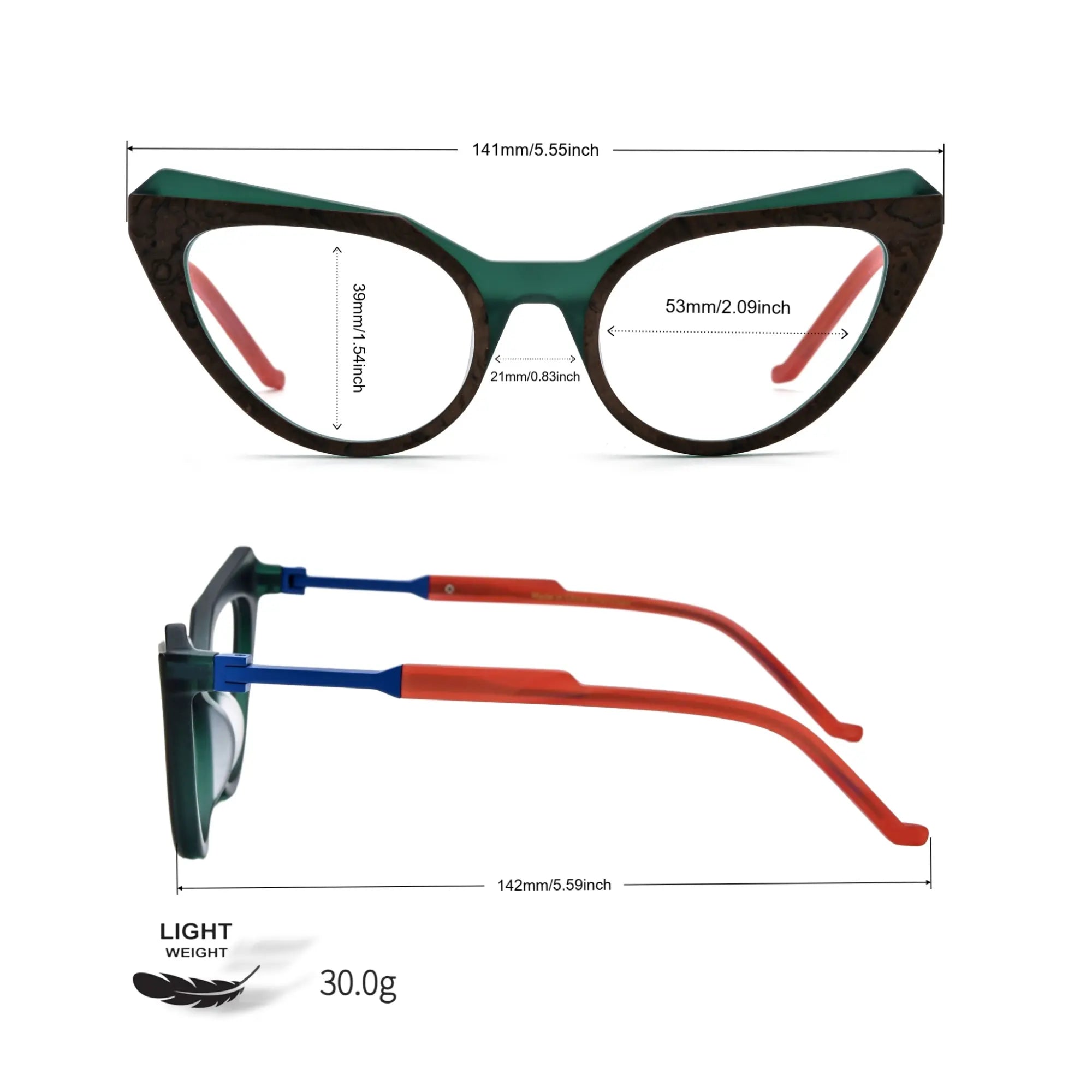 Sizing chart for Forest Marble VoyueLens™ butterfly eyeglasses with dimensions labeled in mm and inches.