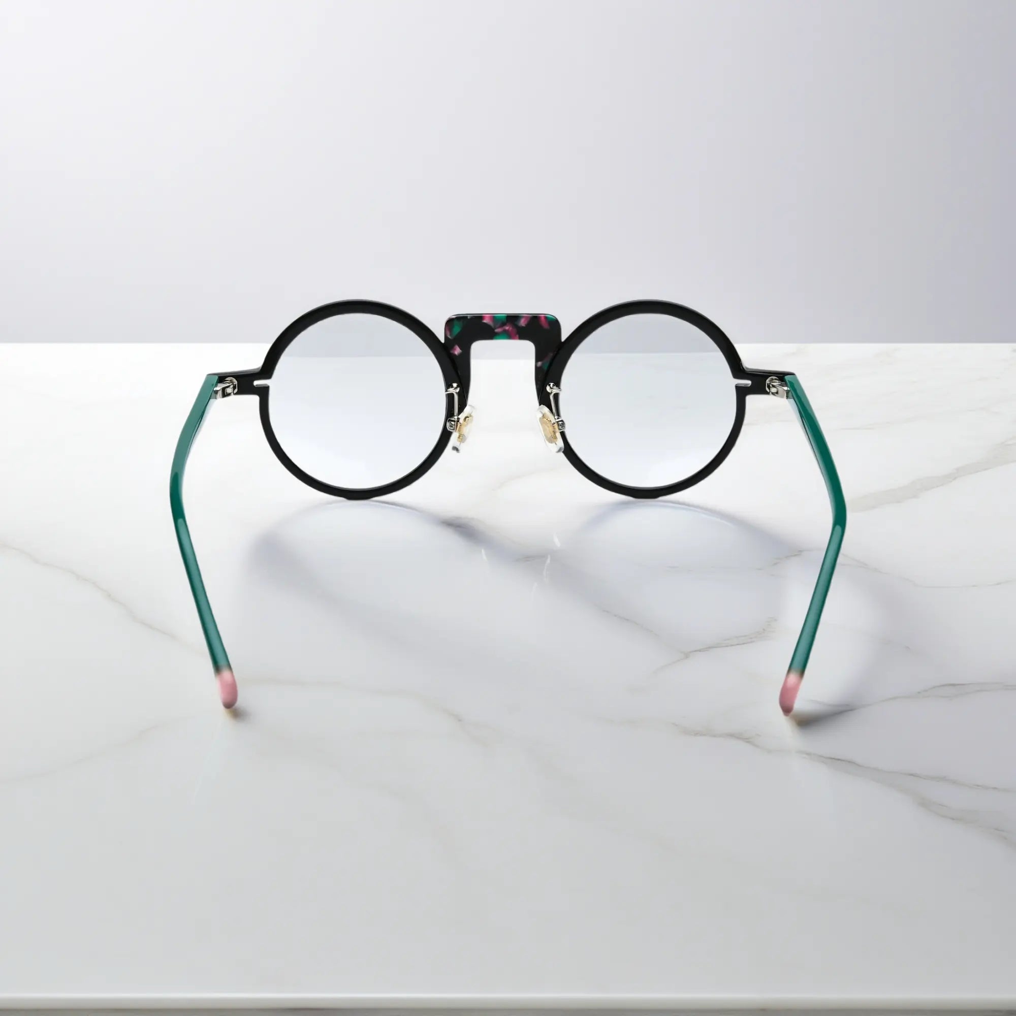 Back view of Forest Onyx eyeglasses showing acetate bridge and temple