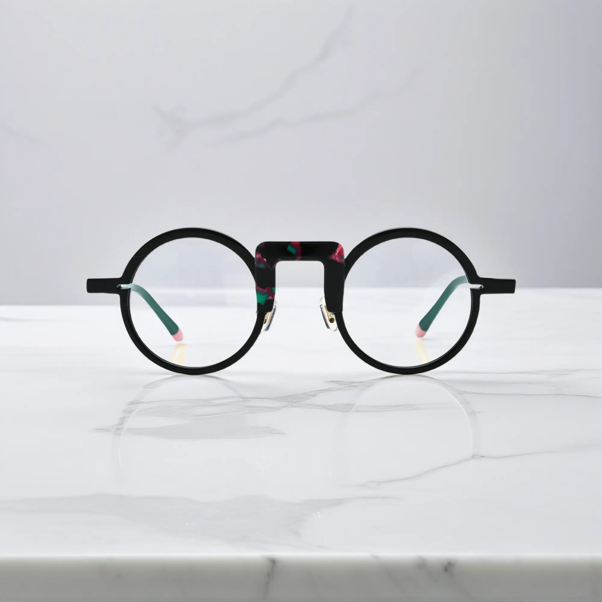 Rear view highlighting bridge and temple design of Scarlet Noir frame