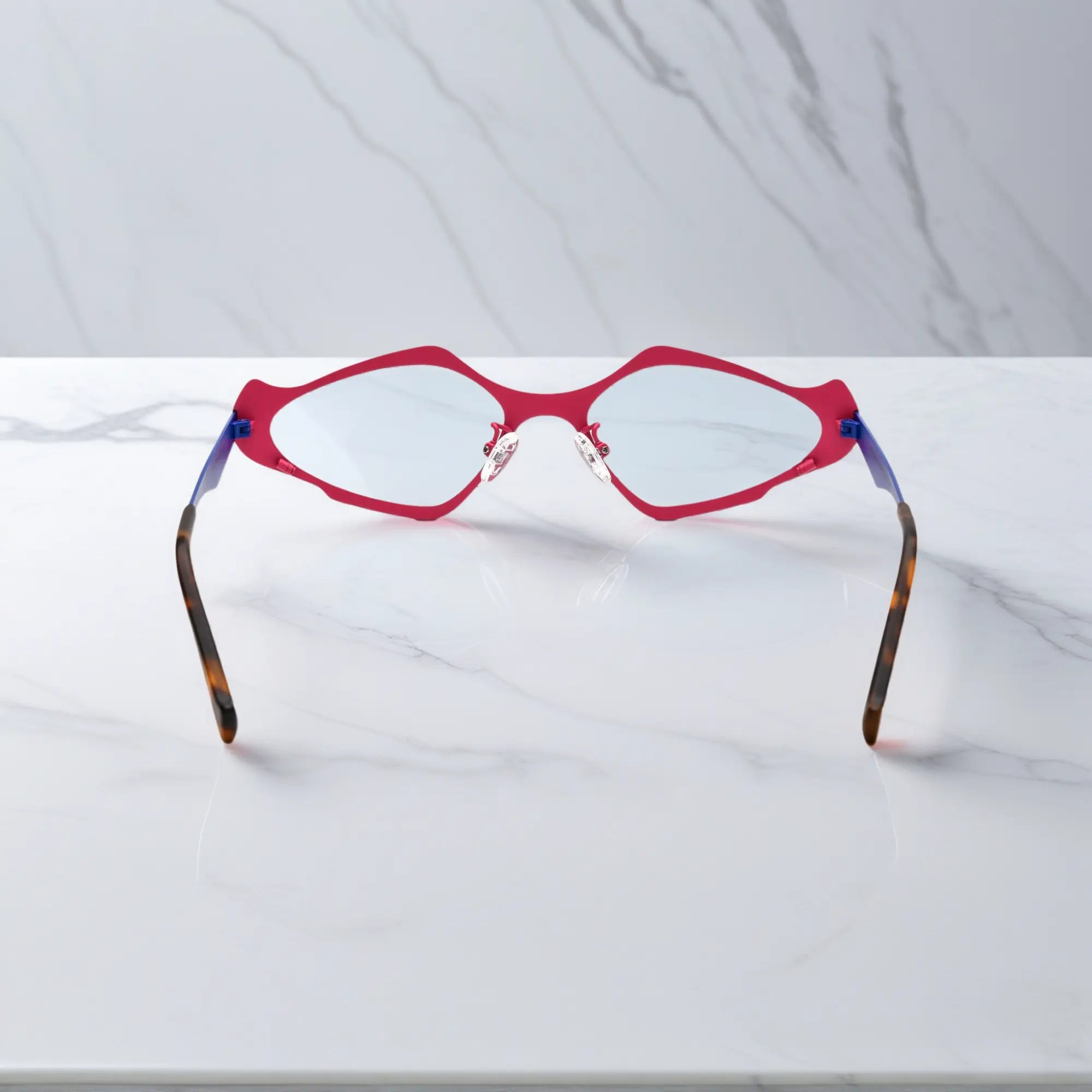 Back view showing temple structure of VoyueLens™ VL185811 in Fuchsia Indigo