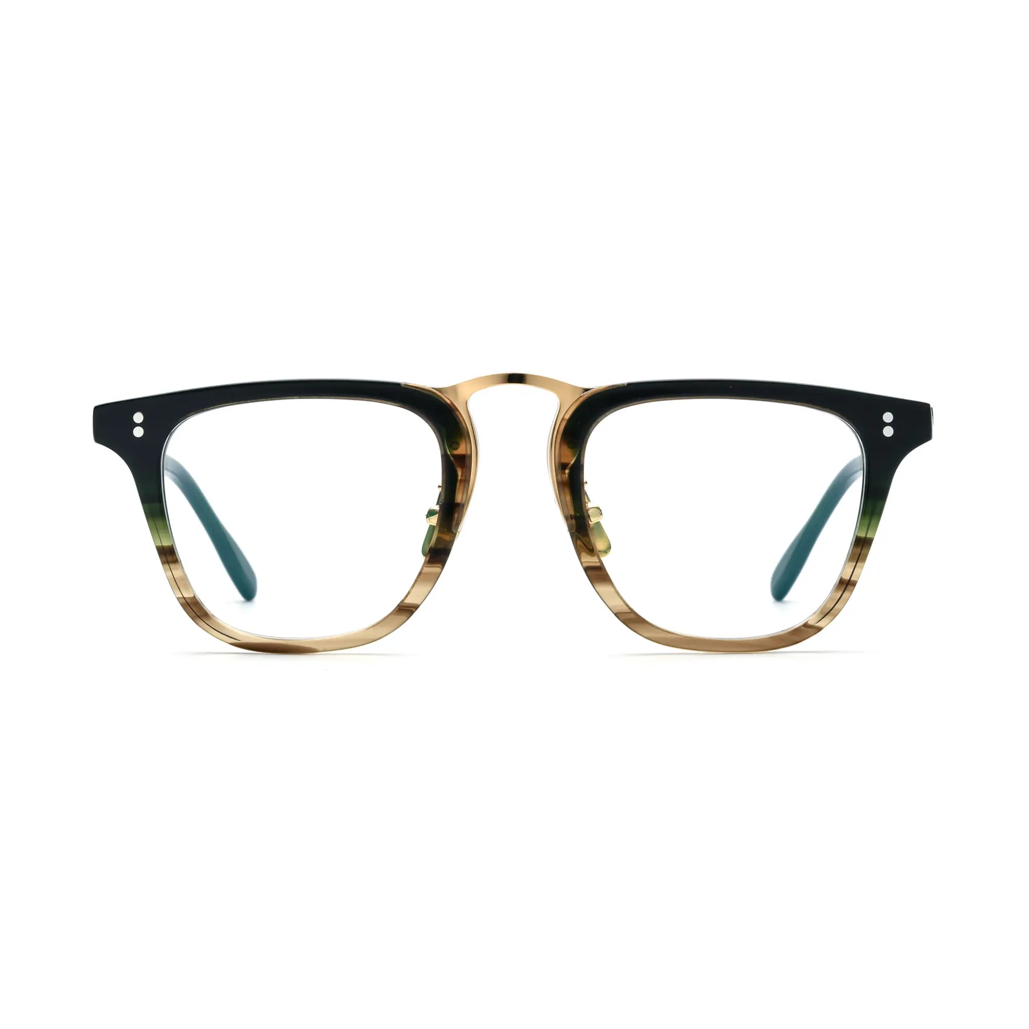 VoyueLens™ Gold Striped Artisan Acetate Square Eyewear – Front View – SKU VL19214-GS