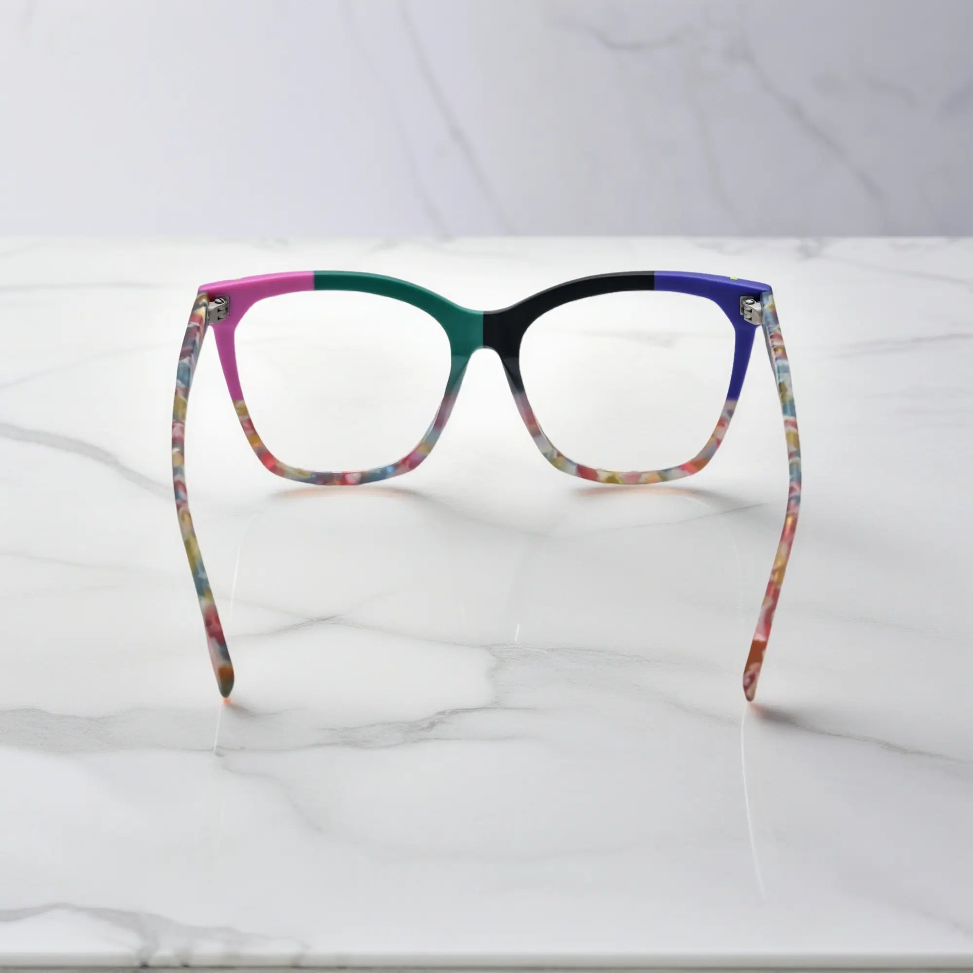 VoyueLens VL19343 Graphite Black & Emerald Fade matte acetate square eyeglasses (unisex) are shown from the back view, highlighting the emerald accents on the temple arms.