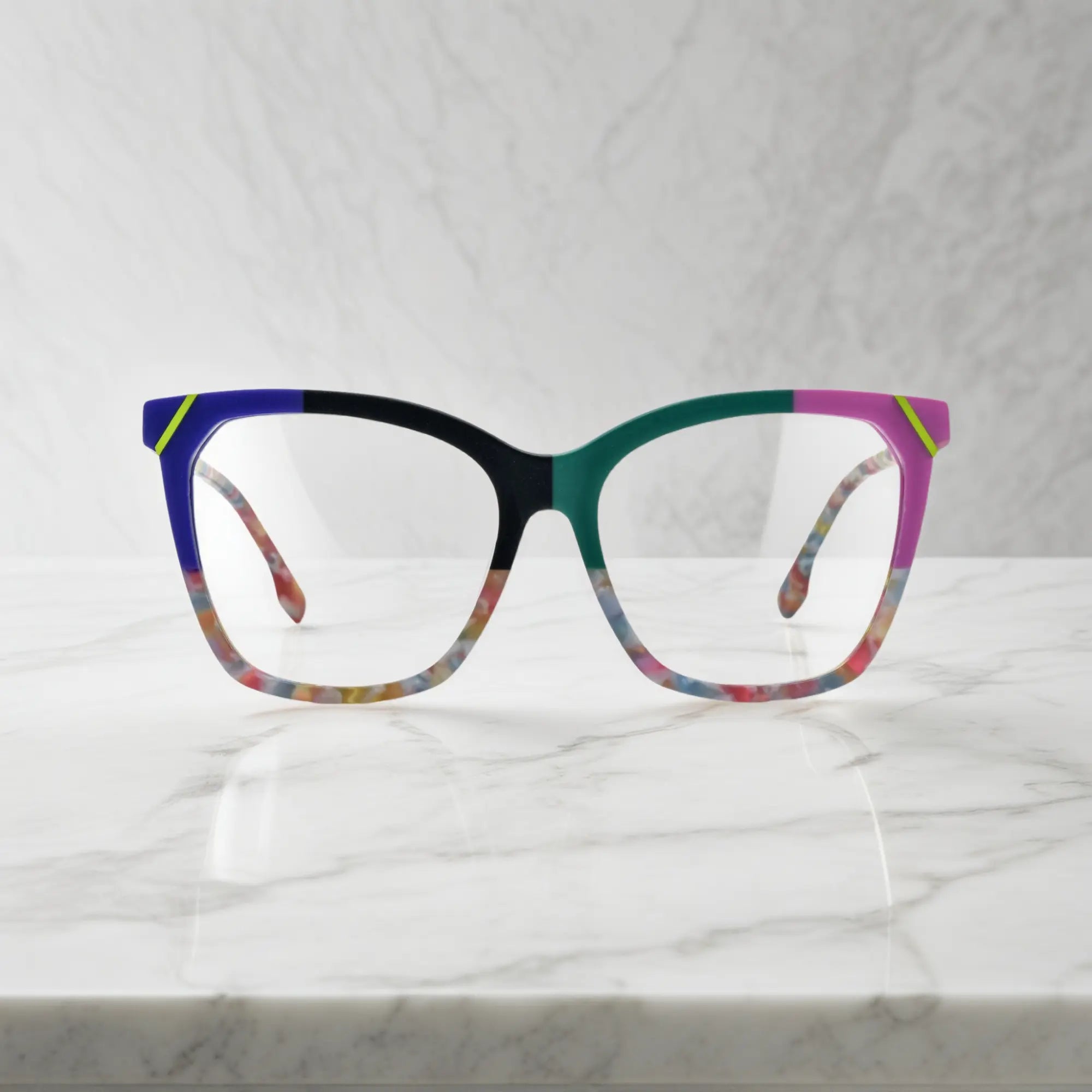 VoyueLens VL19343 Graphite Black & Emerald Fade matte acetate square eyeglasses (unisex) with a sleek design are shown from the front view.