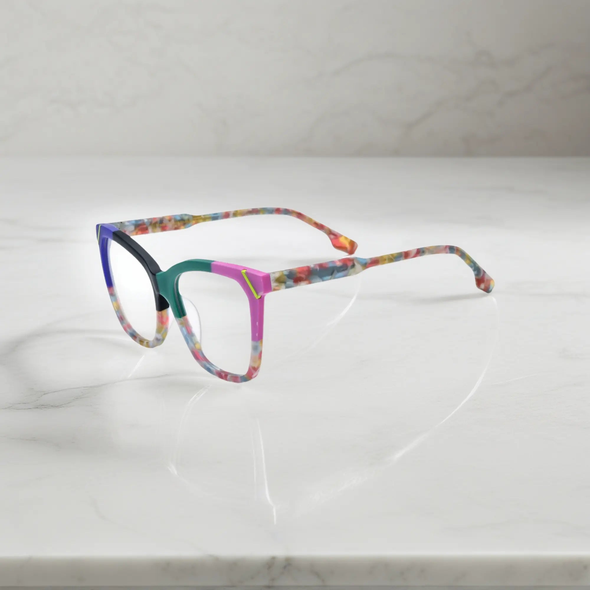 VoyueLens VL19343 Graphite Black & Emerald Fade matte acetate square eyeglasses (unisex) are shown from the side view, highlighting the sleek profile with emerald accent details on the temples.