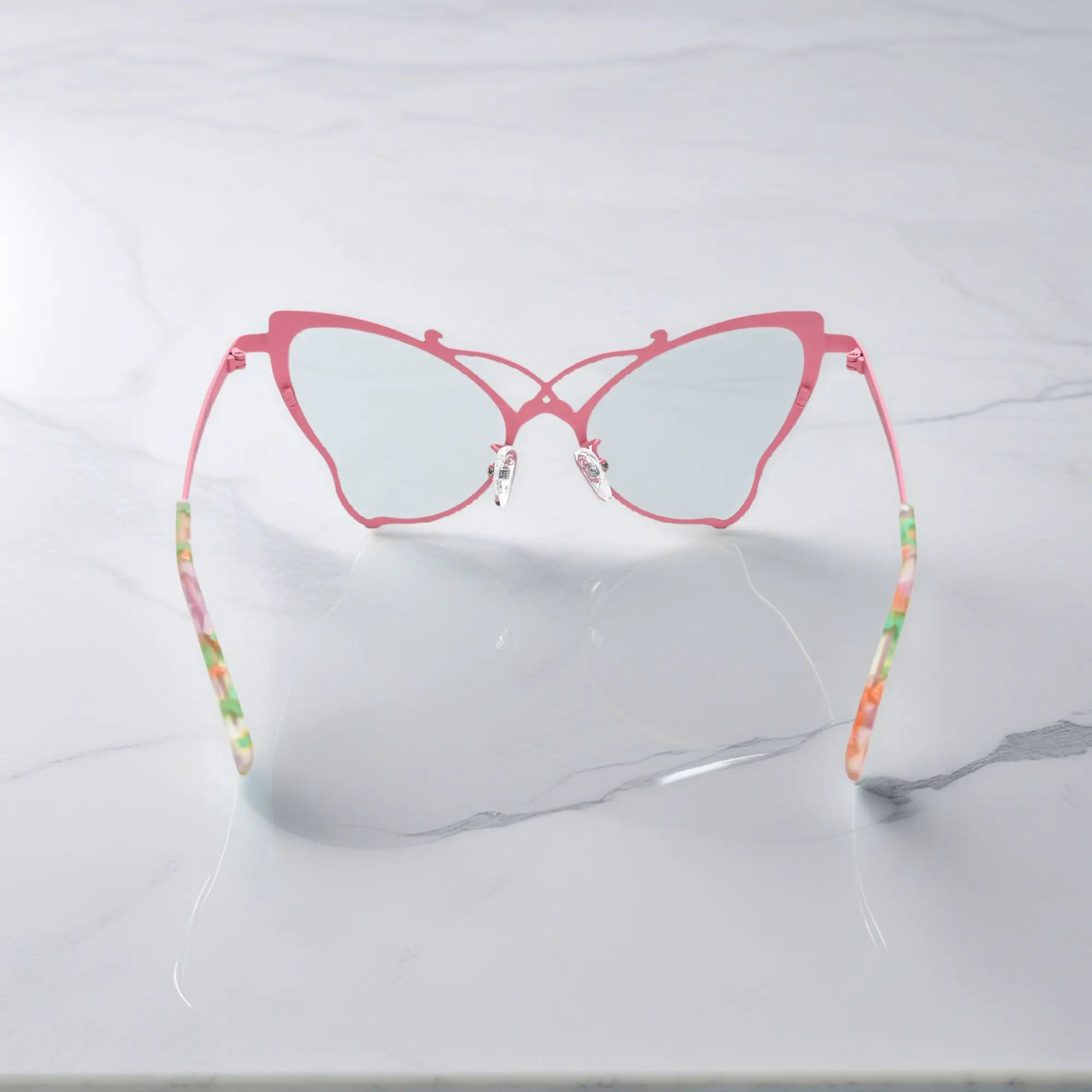 Back of VoyueLens™ VL185862 titanium butterfly eyeglasses in Green Blush – a lightweight, colorful, vintage-inspired, prescription ready frame designed for unique artistic style and everyday comfort.