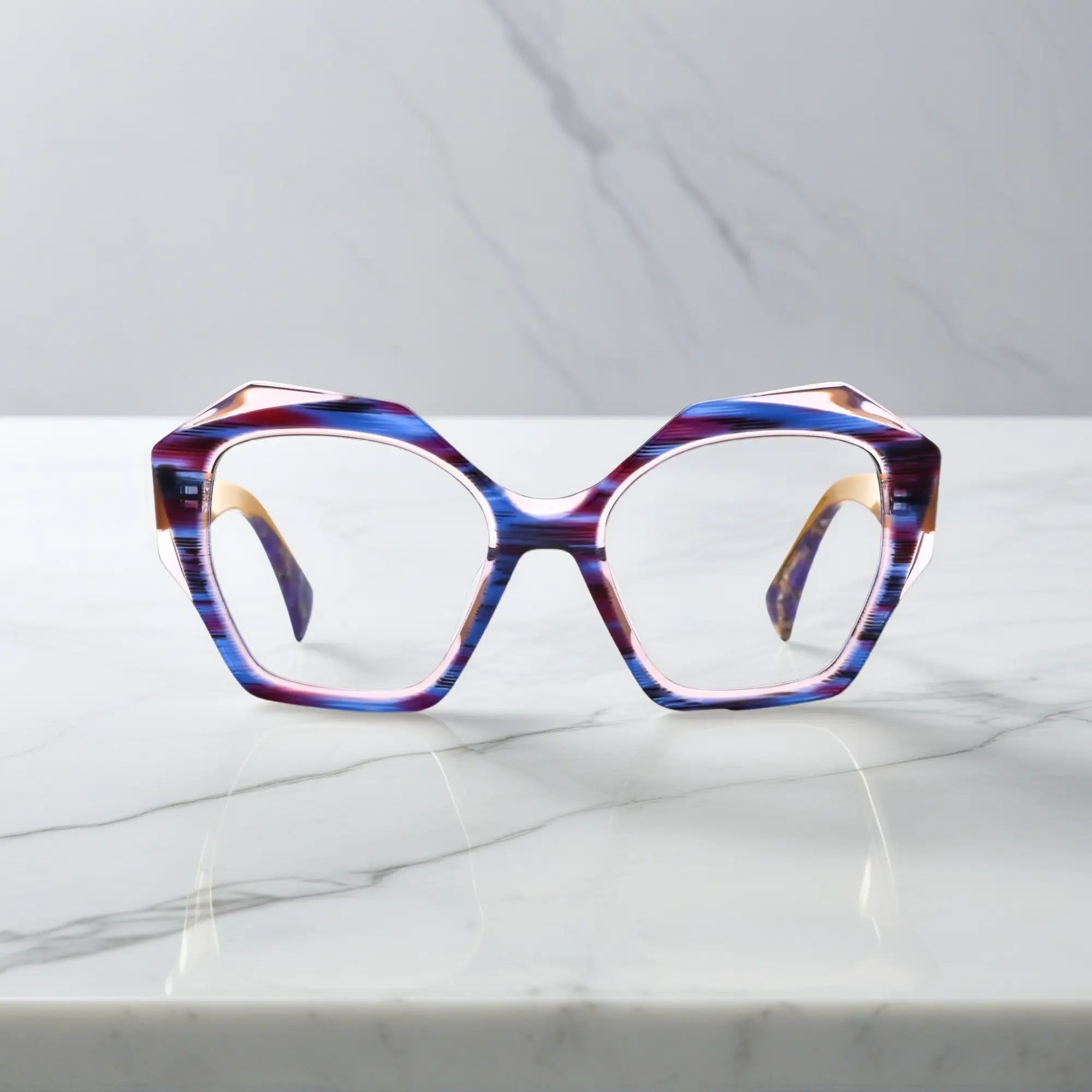 Warm front angle of VoyueLens™ Honey Amber eyeglasses with amber-yellow arms and colorful frame.