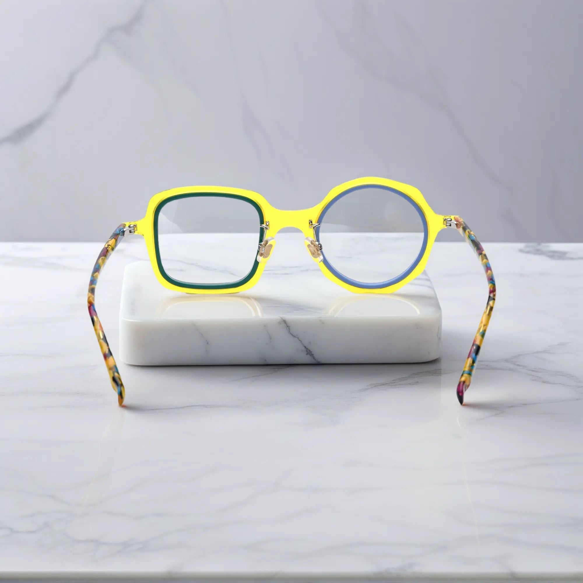 VoyueLens™ geometric eyeglasses in Honey Mint color, rear view highlighting acetate structure and temple tips.