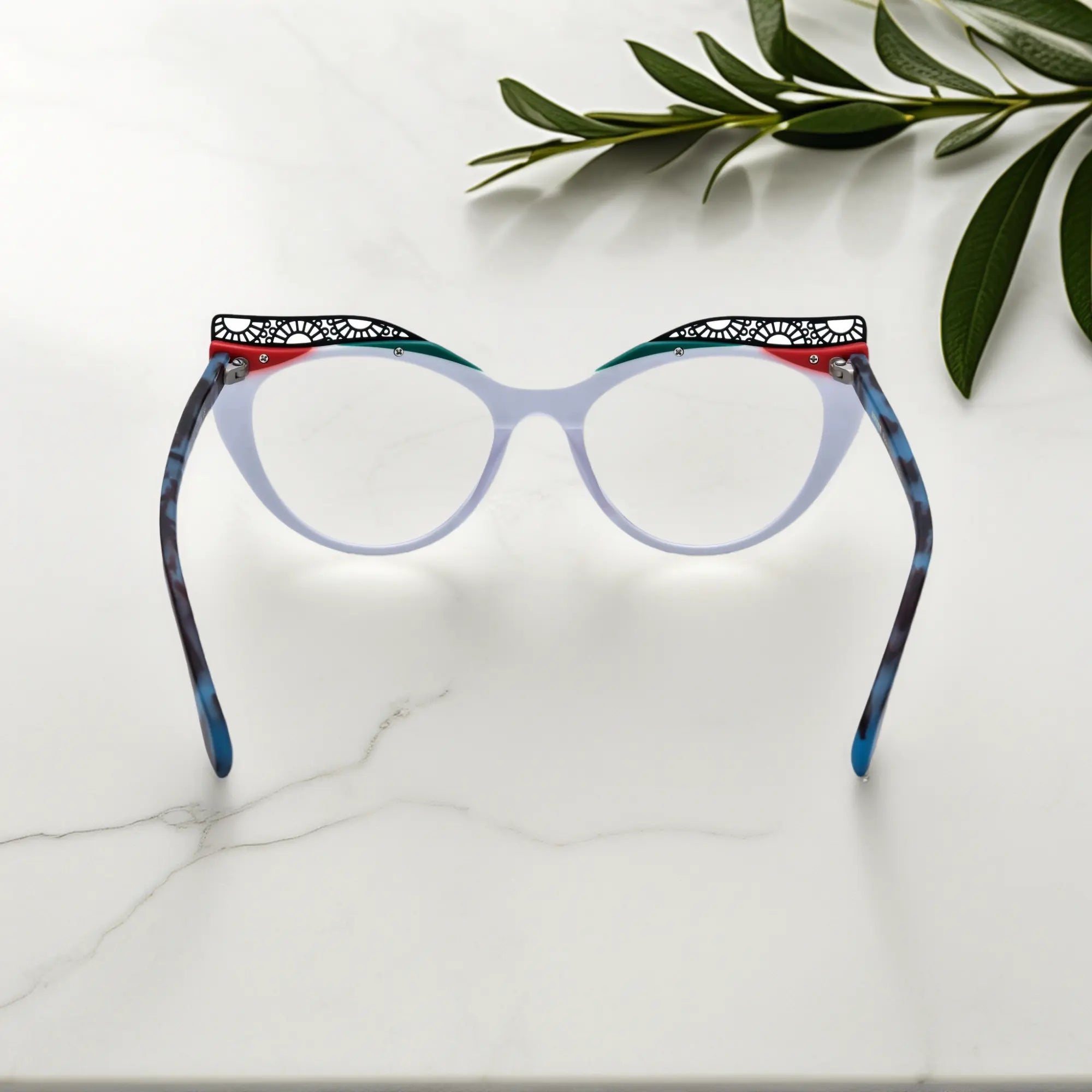Back View of VoyueLens™ Ice Coral cat-eye eyeglasses with frosty white-to-coral fade and signature lace-pattern design.