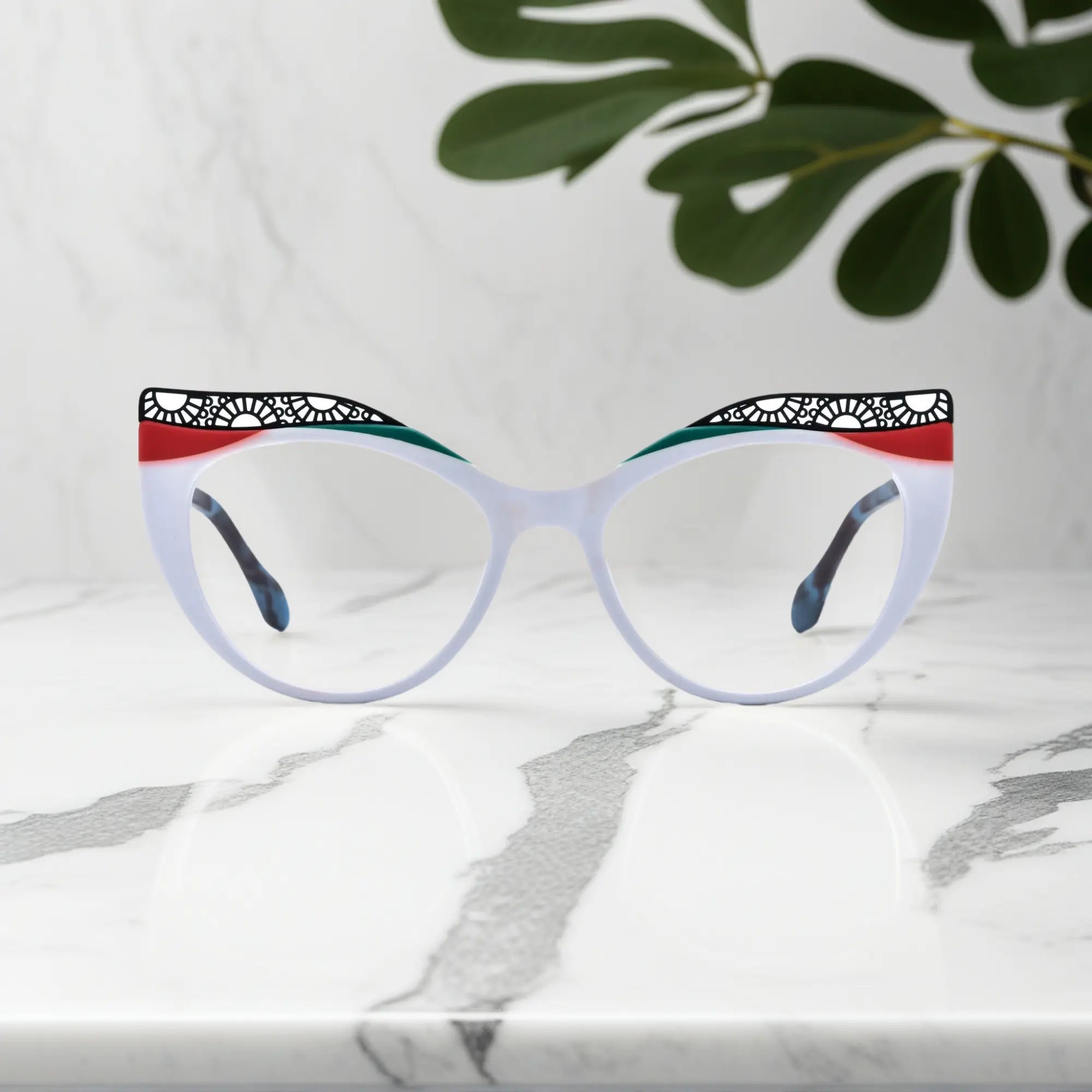 Front View of VoyueLens™ Ice Coral cat-eye eyeglasses with frosty white-to-coral fade and signature lace-pattern design.