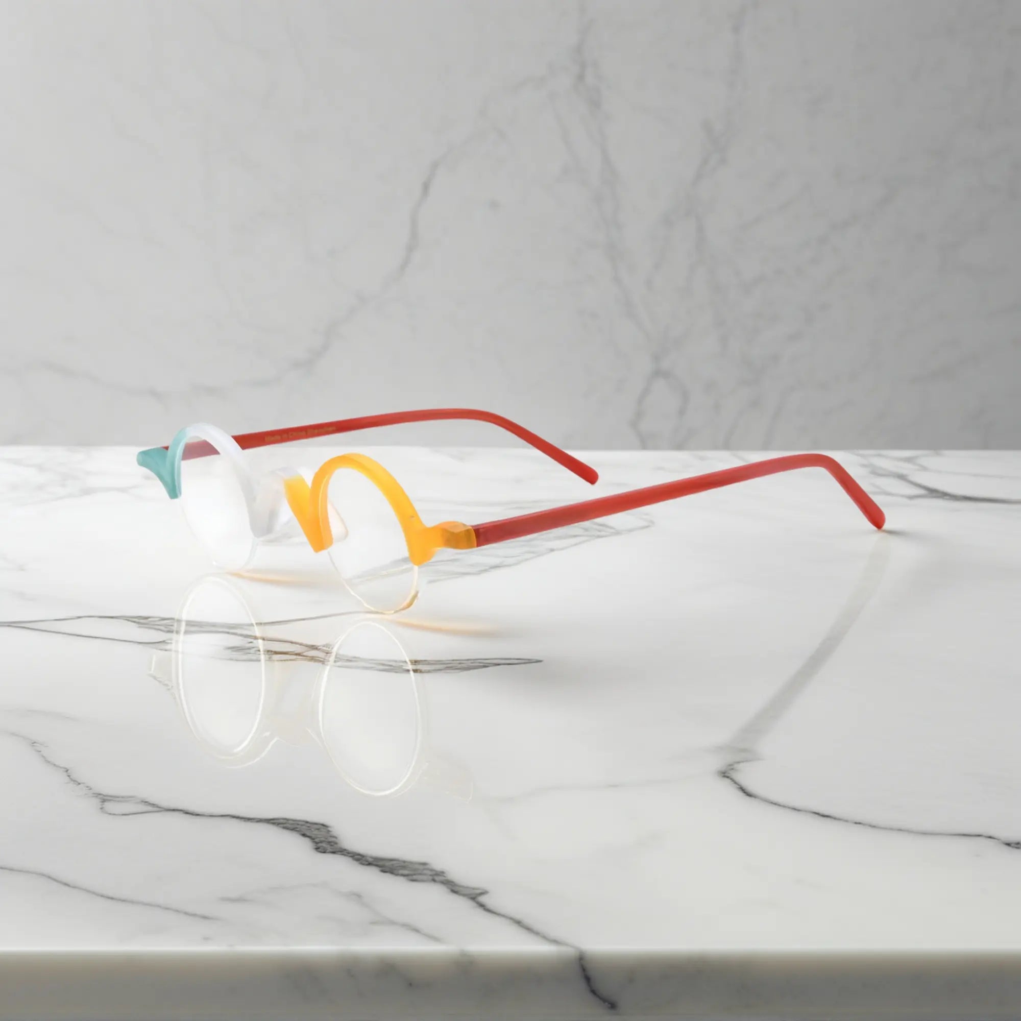 Side view showcasing VoyueLens™ Ivory-Orange matte acetate semi-rimless browline eyeglasses with lightweight design.