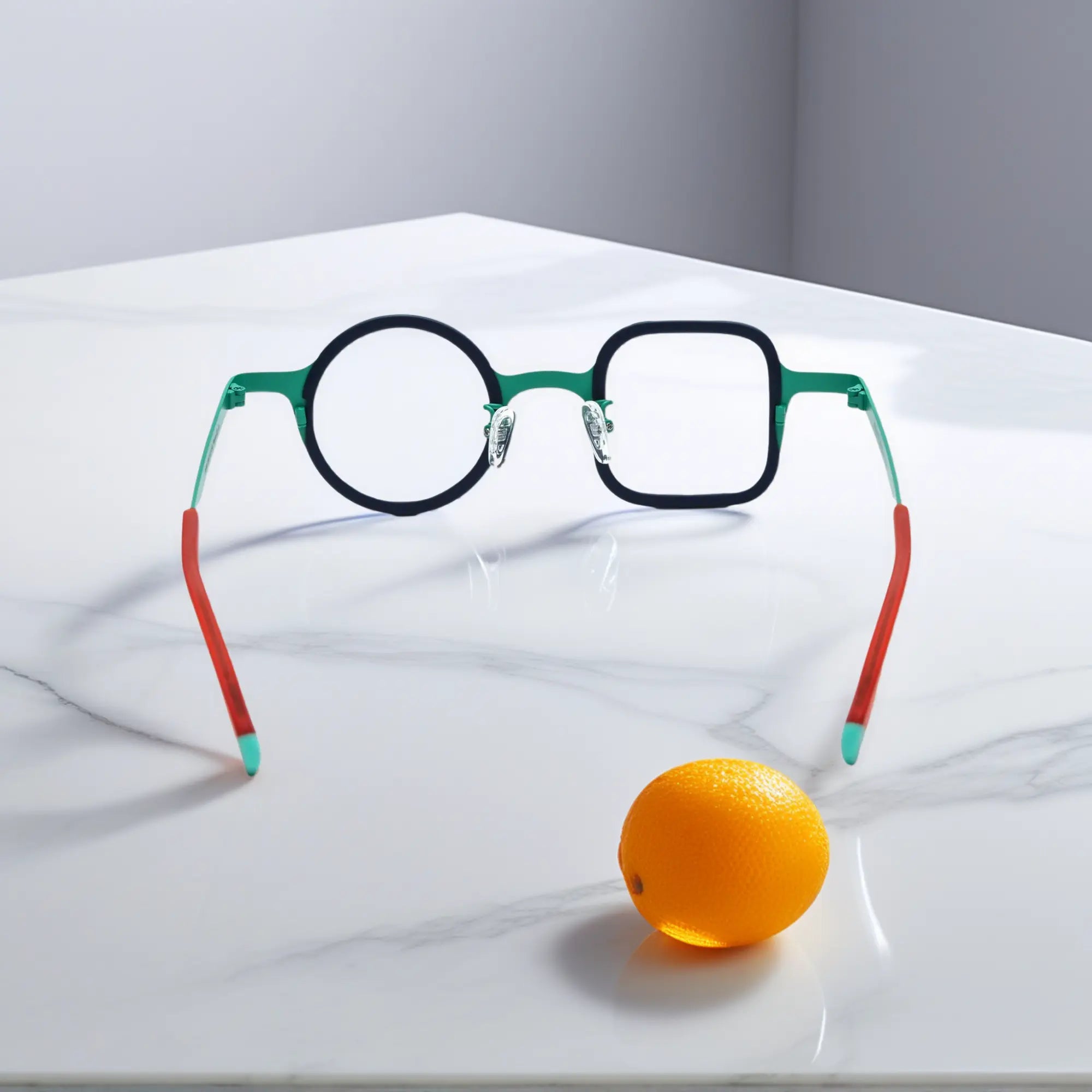 Rear angle of VoyueLens™ Jade Blue frame with stylized temple ends.