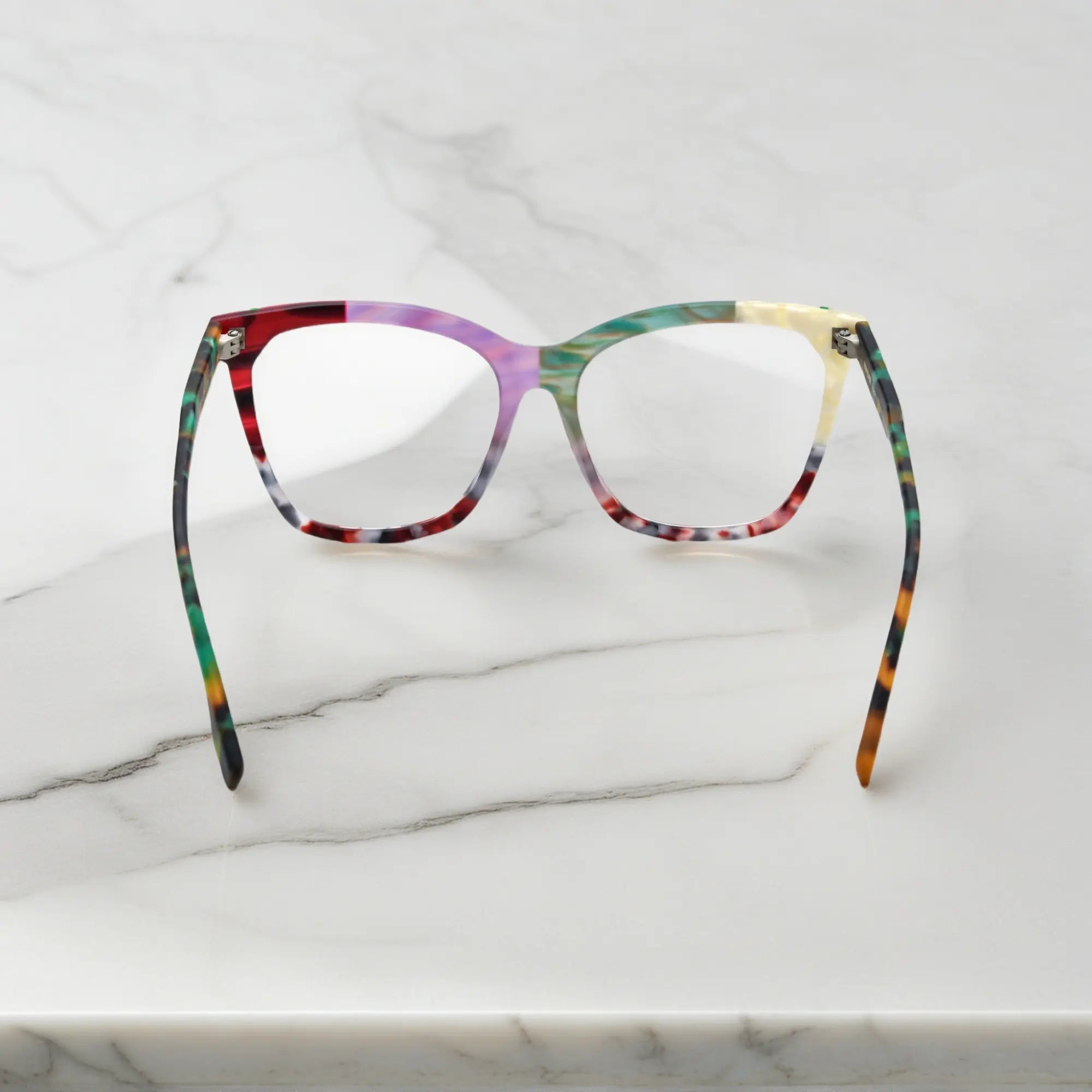VoyueLens VL19343 Jade Green & Plum Tortoise matte acetate square eyeglasses (unisex) are shown from the back view, highlighting the mix of jade and plum tones on the temple arms.