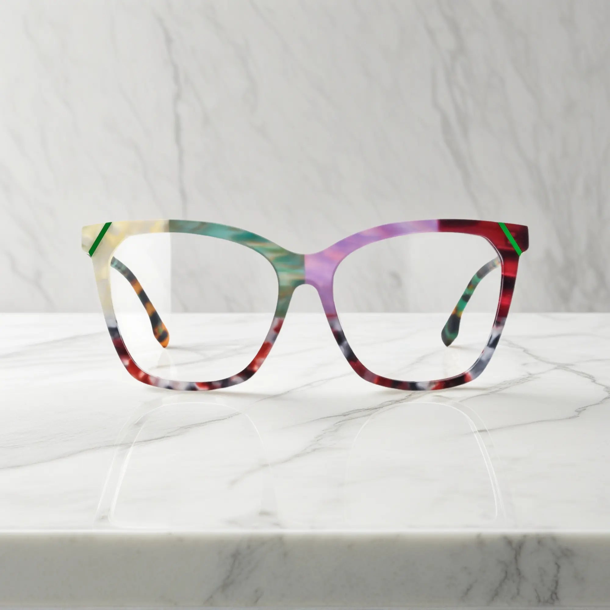 VoyueLens VL19343 Jade Green & Plum Tortoise matte acetate square eyeglasses (unisex) with a stylish design are shown from the front view.