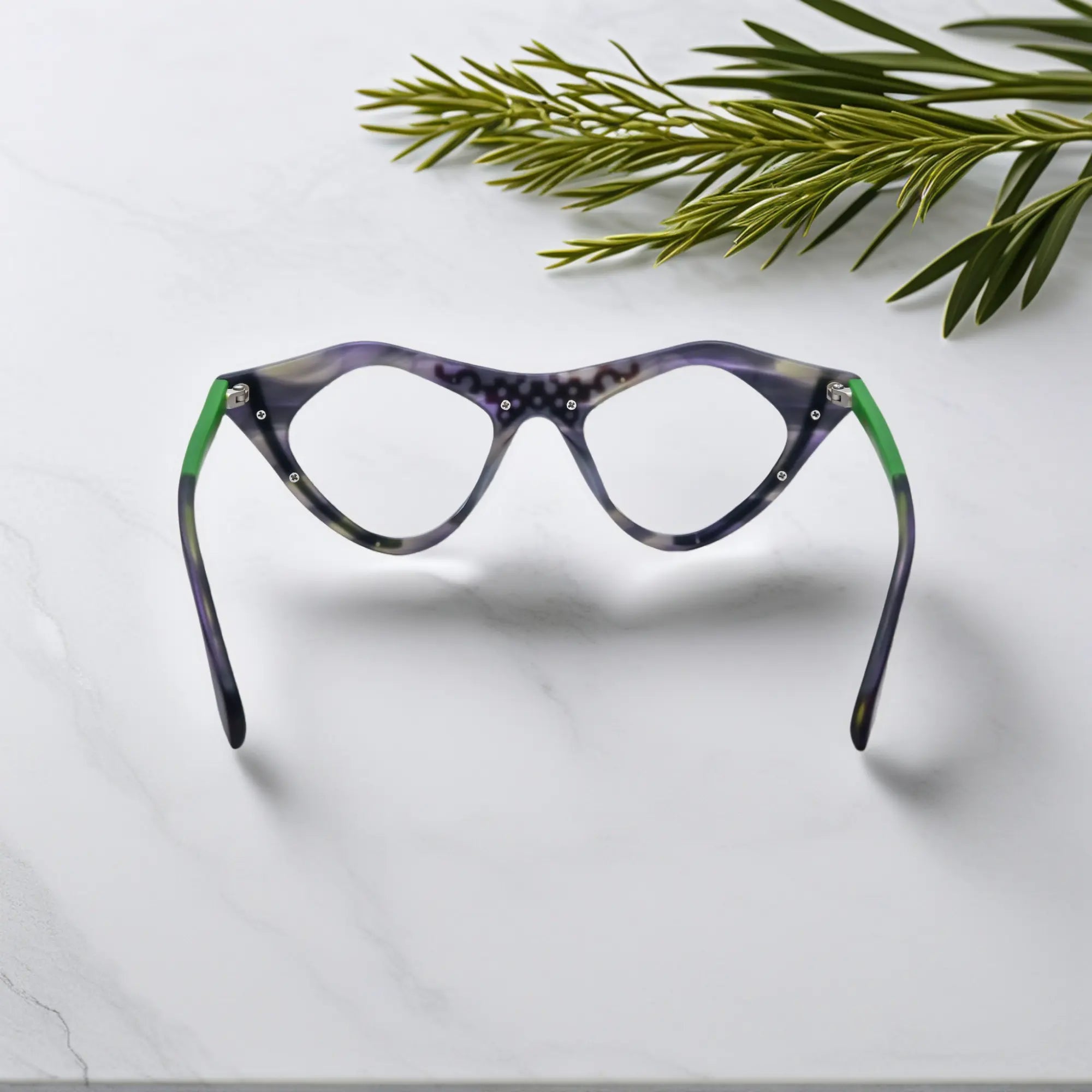 Rear view of Jungle Moss VoyueLens™ pixel cat-eye eyewear with forest-tone detailing