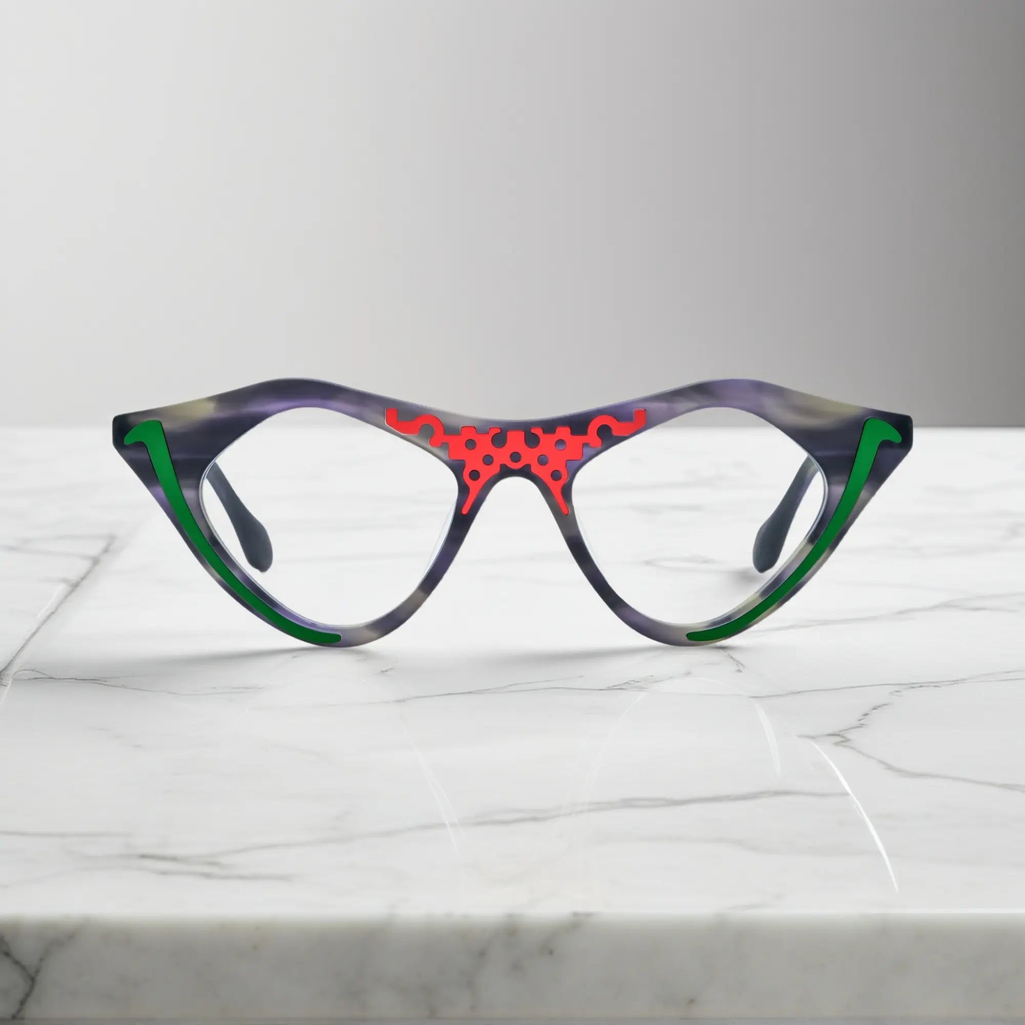 Jungle Moss VoyueLens™ pixel cat-eye glasses front view with deep green matte finish