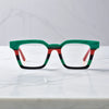 Front view of VoyueLens™ Jungle Stripe eyeglasses in Jungle Stripe – green, red, and black square frame