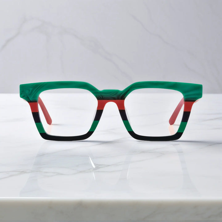 Front view of VoyueLens™ Jungle Stripe eyeglasses in Jungle Stripe – green, red, and black square frame