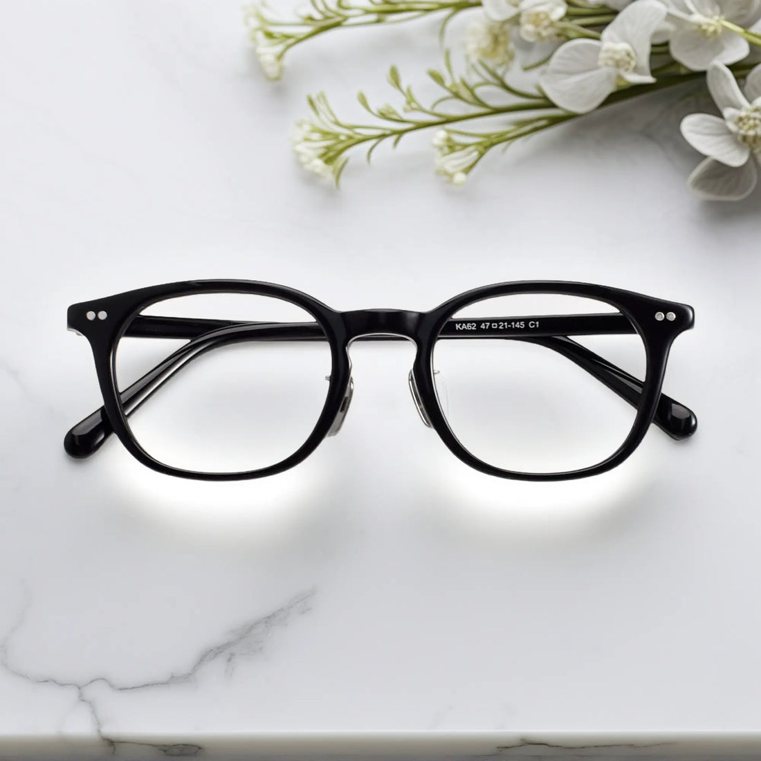 front view of VoyueLens™ KA62 eyeglasses with measurements (dimensions labeled on the frame)