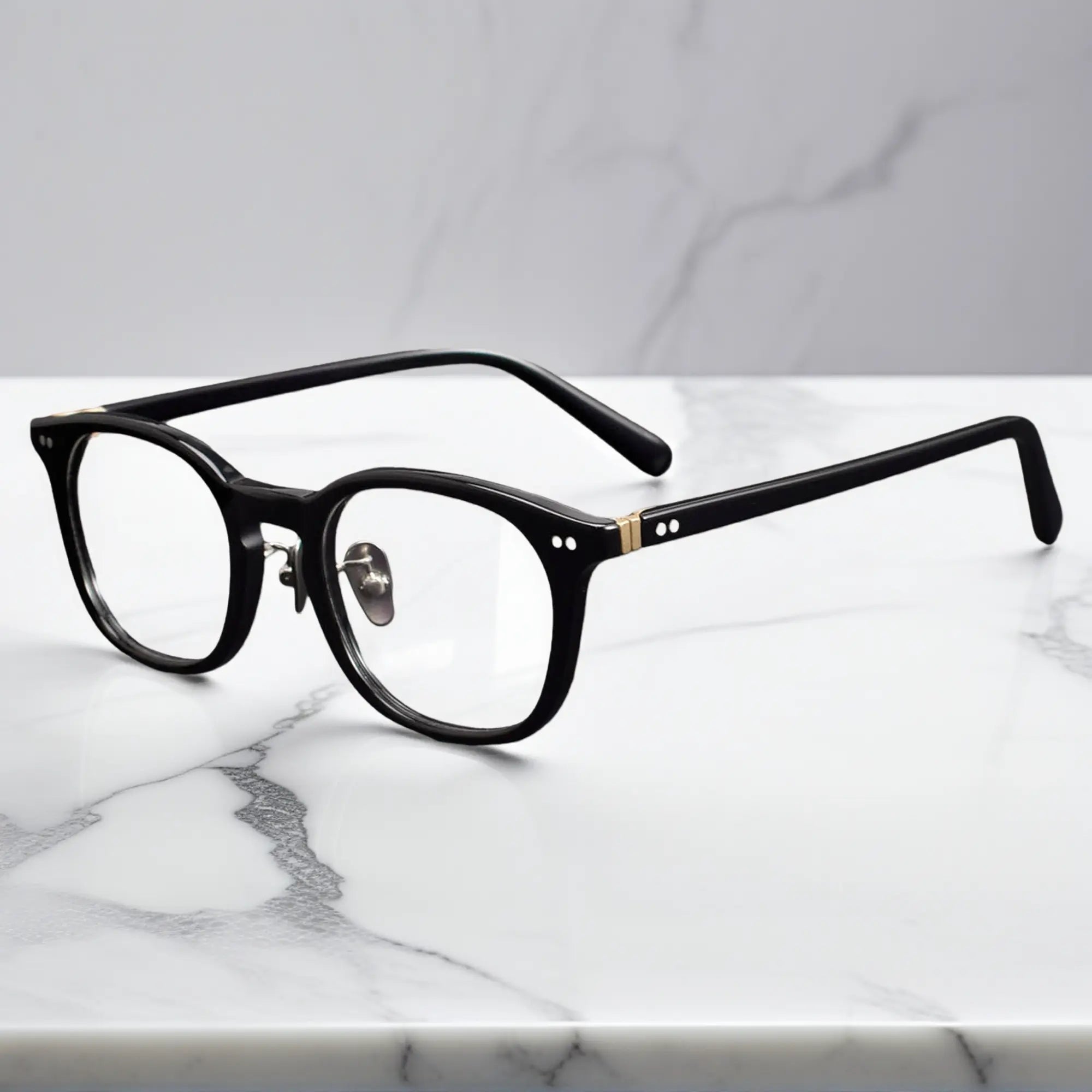 side view showing titanium nose pads and metal rivet hinge detail of KA62 black color frame