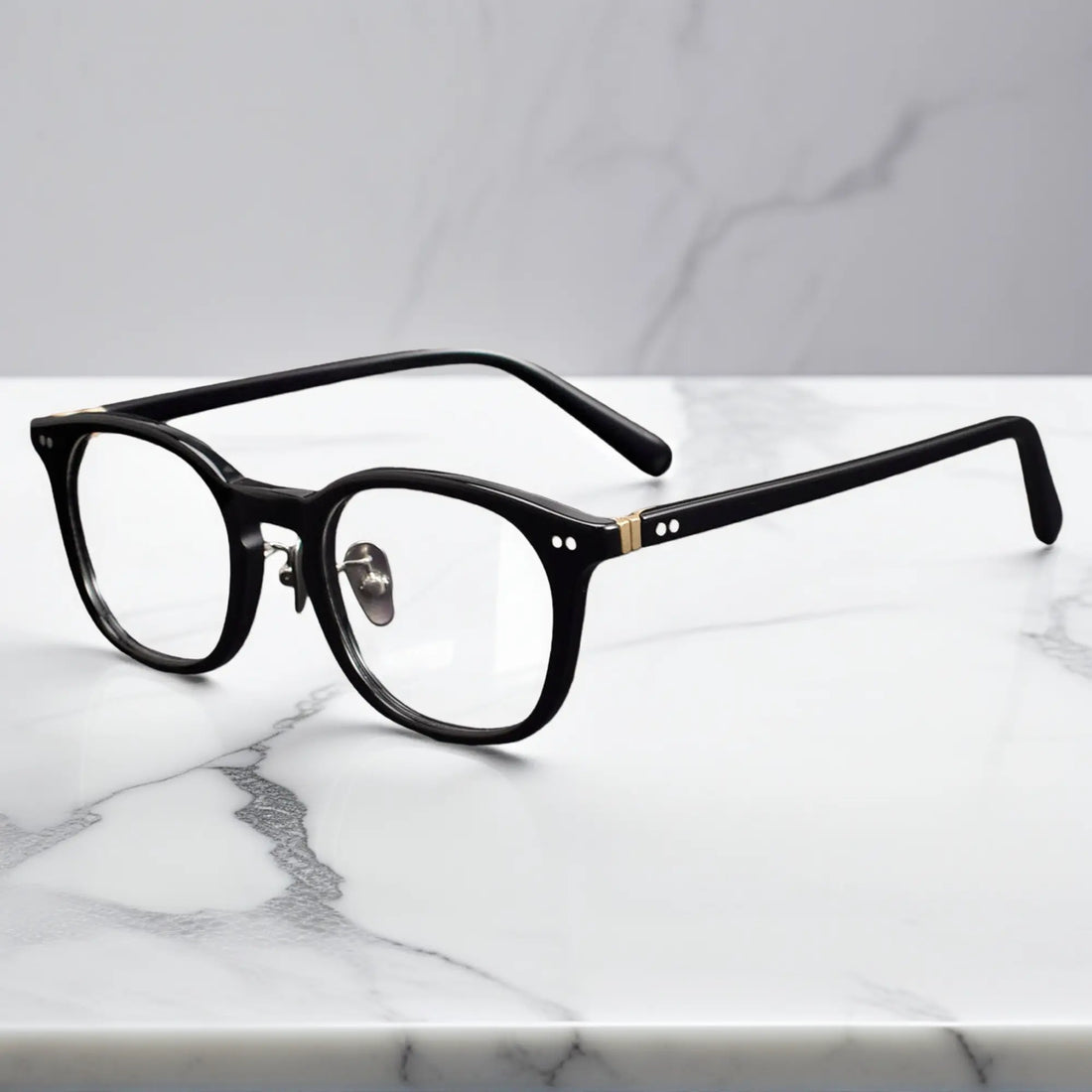 side view showing titanium nose pads and metal rivet hinge detail of KA62 black color frame