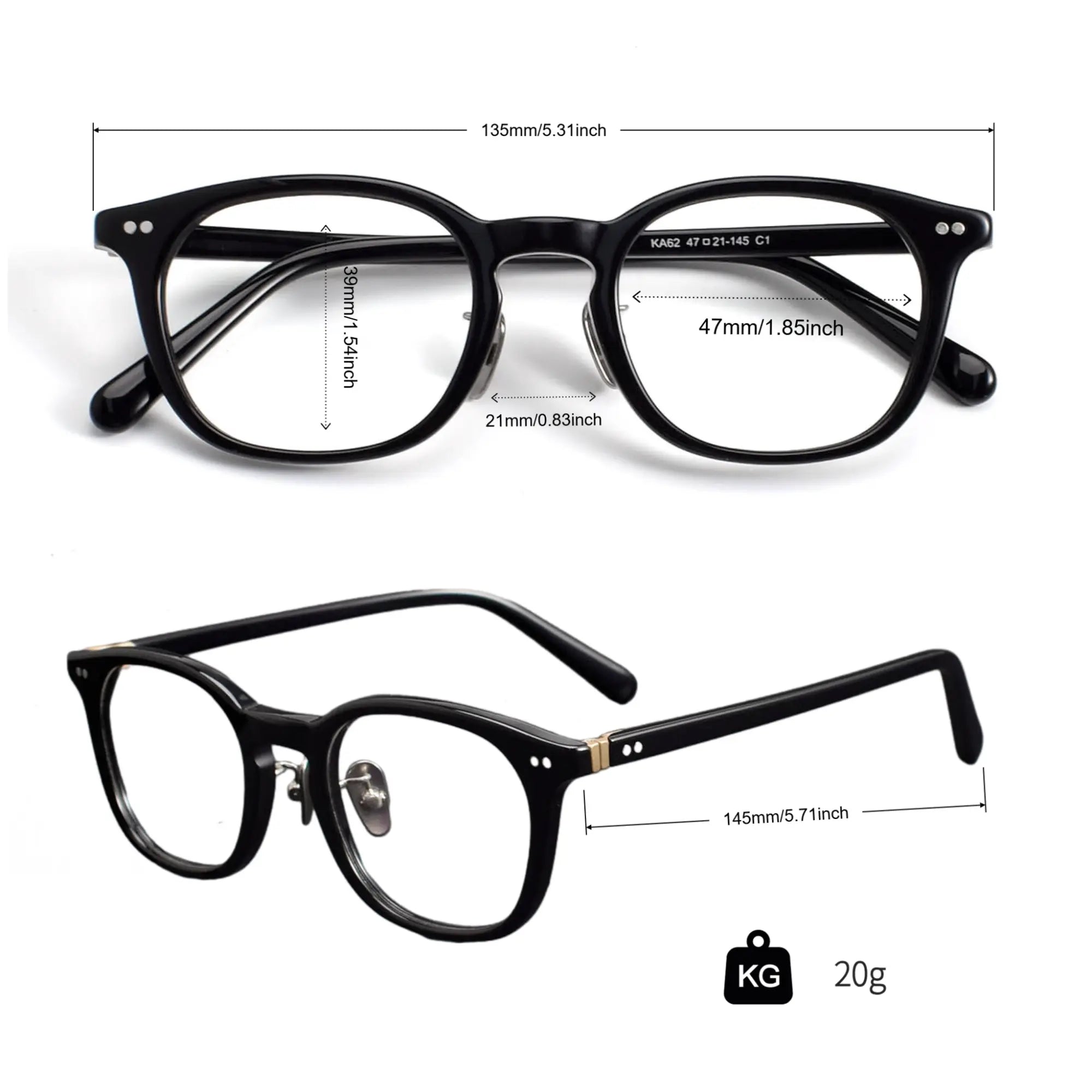 diagram of KA62 eyeglass frame with size measurements (lens width, bridge width, temple length) and weight 20g