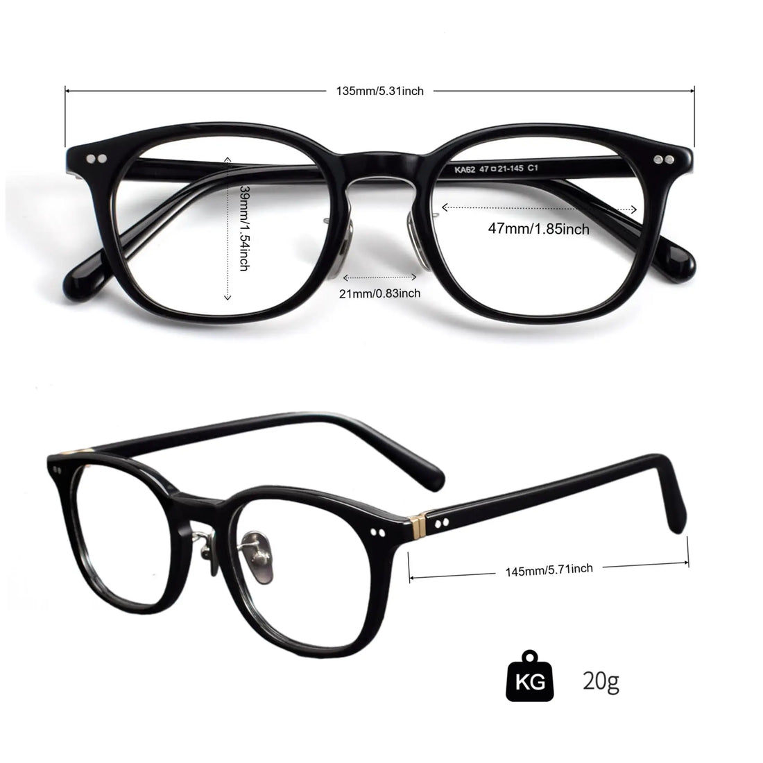 diagram of KA62 eyeglass frame with size measurements (lens width, bridge width, temple length) and weight 20g