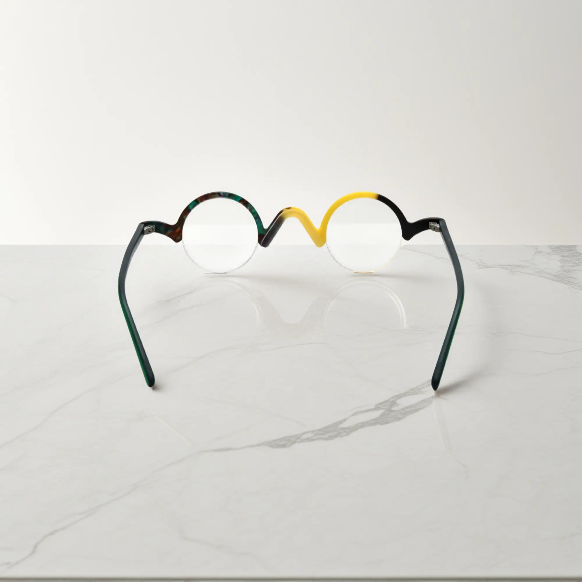 Back perspective of VoyueLens™ Lemon-Lime semi-rimless browline eyeglasses, showing fine matte craftsmanship.