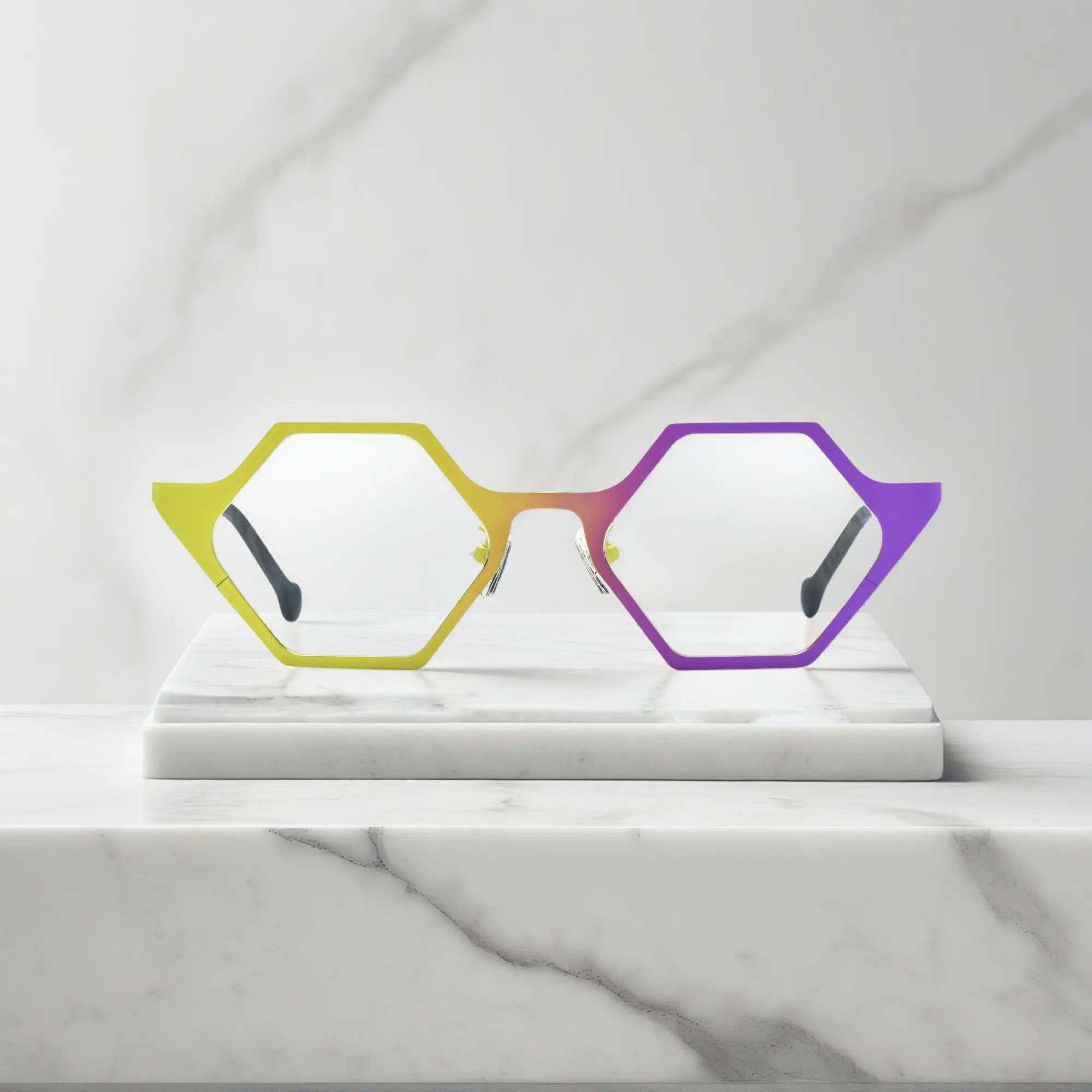 Front view of VoyueLens™ VL185881 in Lemon Orchid – yellow and purple titanium frame