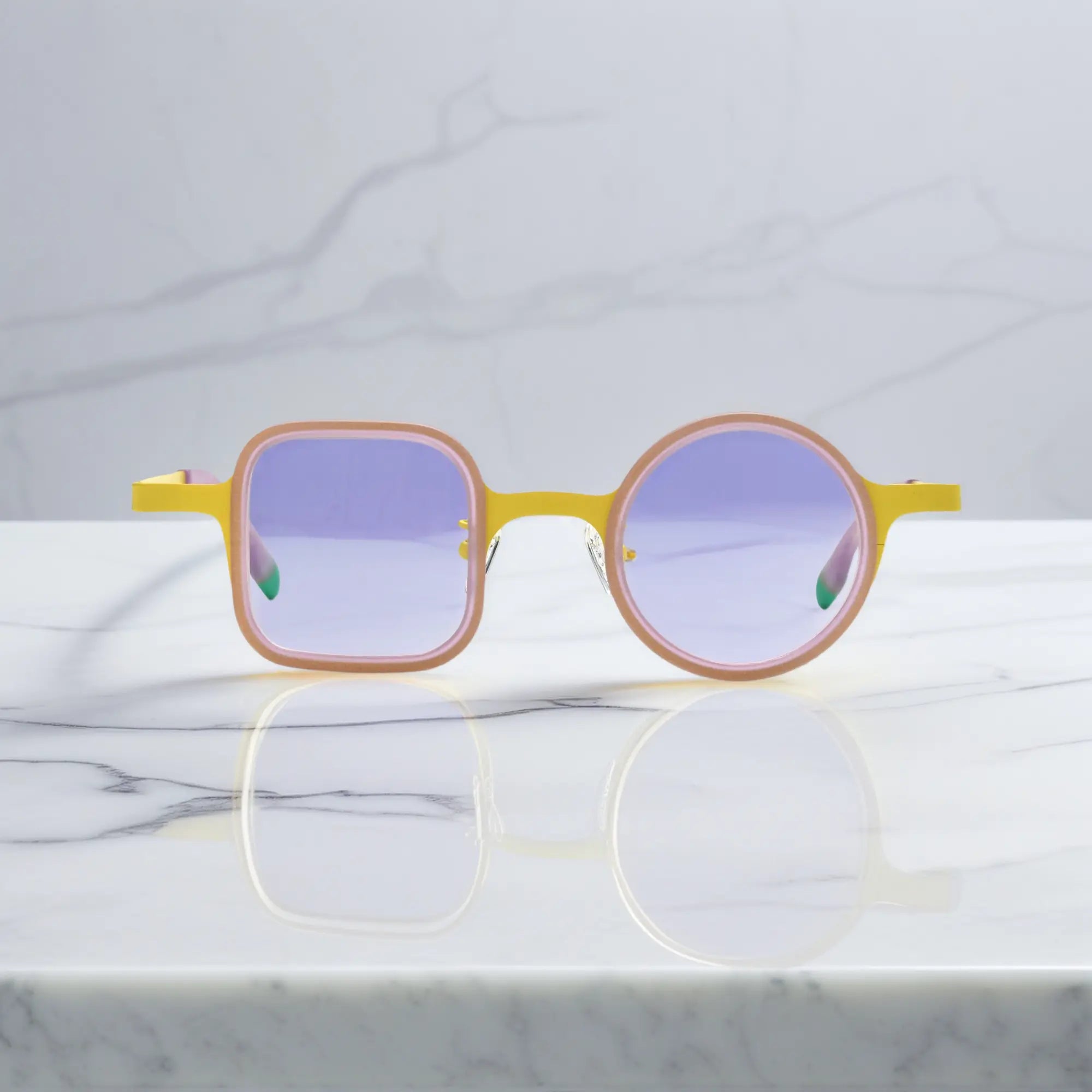 Front view of VoyueLens™ Lemon Pink eyeglasses featuring vibrant acetate frame and dual-shape lenses.
