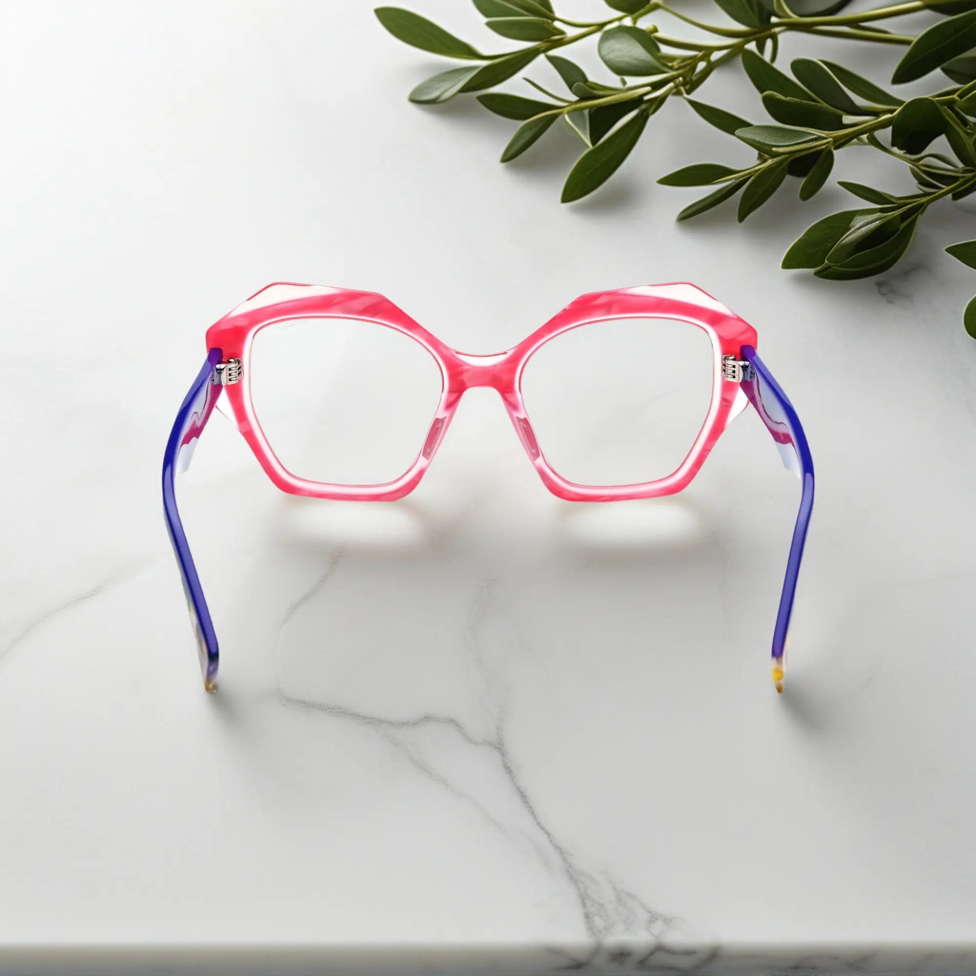 Back view of soft pink and lilac blended acetate eyeglasses for a sweet modern look.