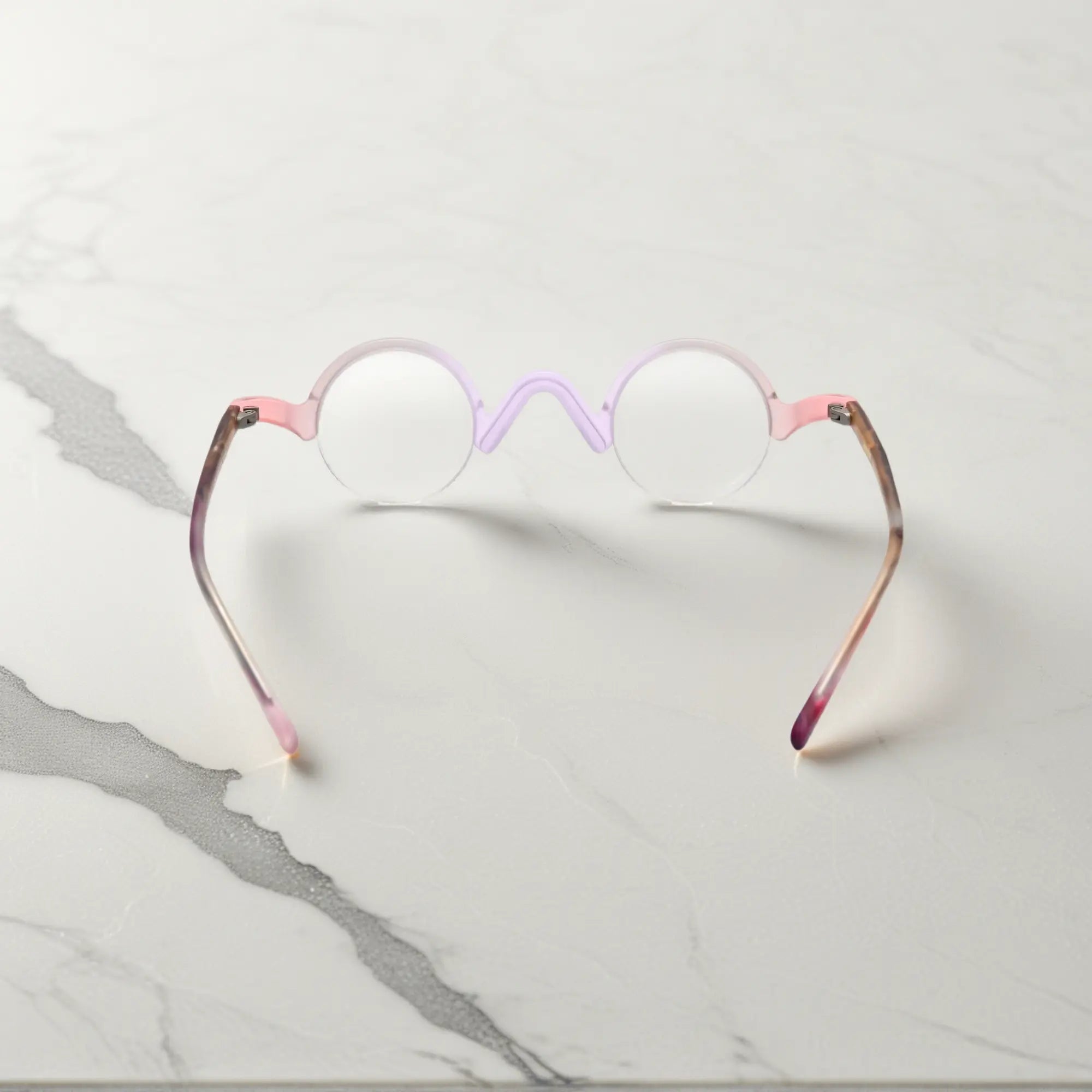 Rear angle of VoyueLens™ Lilac-Rose semi-rimless browline eyeglasses with lightweight frame structure.