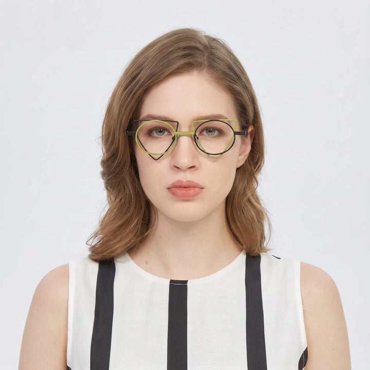VoyueLens™ Lime Black Geometric Titanium Glasses – Model Wearing View – SKU VL185859-C1
