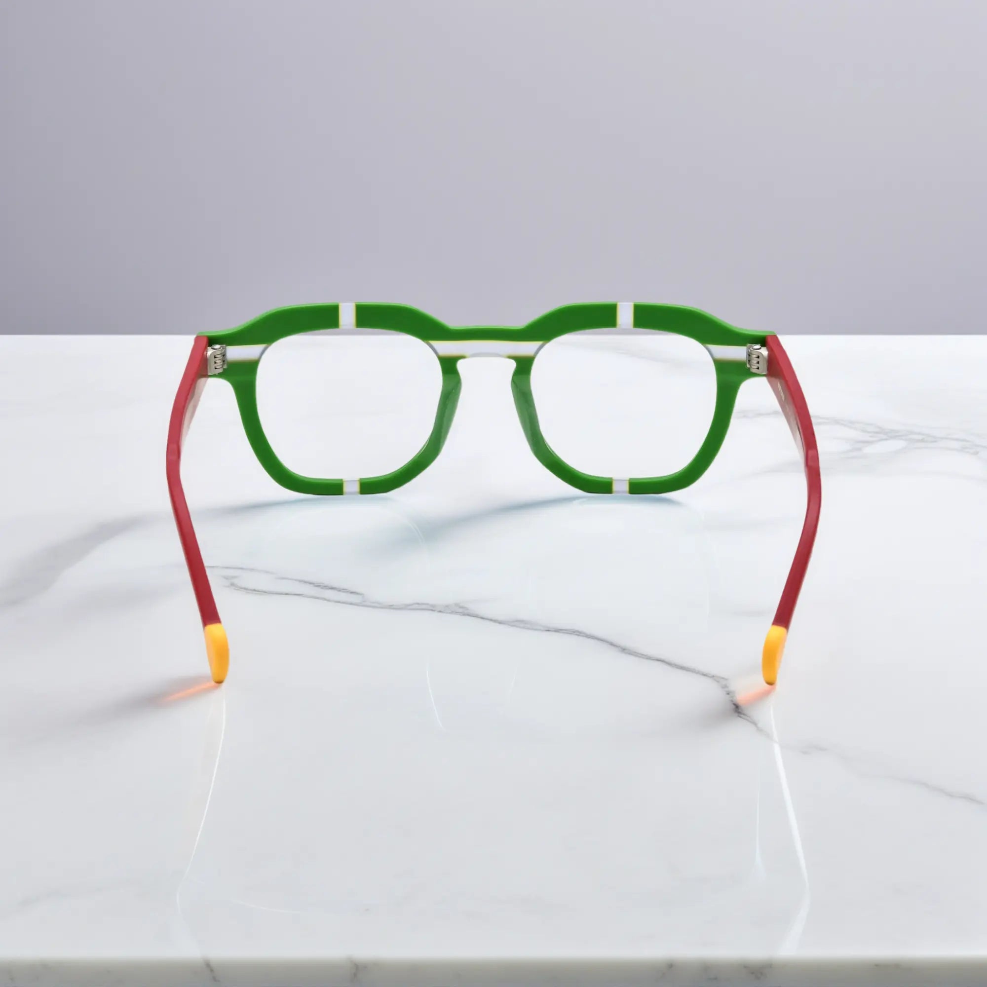 Back view showing temple and hinge details of Lime Blaze eyeglasses