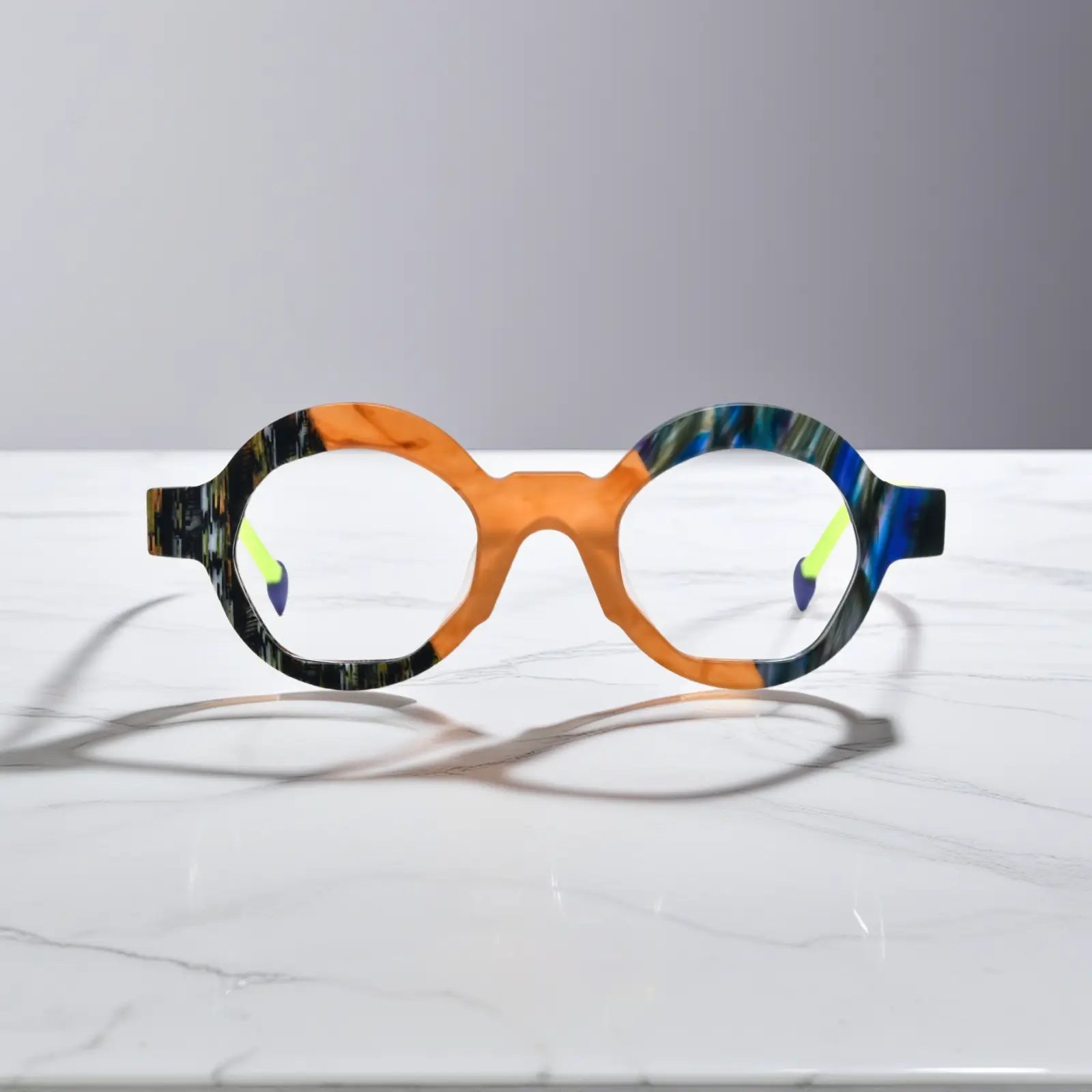 Front view of VoyueLens™ VL19355 Lime Tortoiseshell polygon eyeglasses with a vibrant lime green matte finish and bold contrast