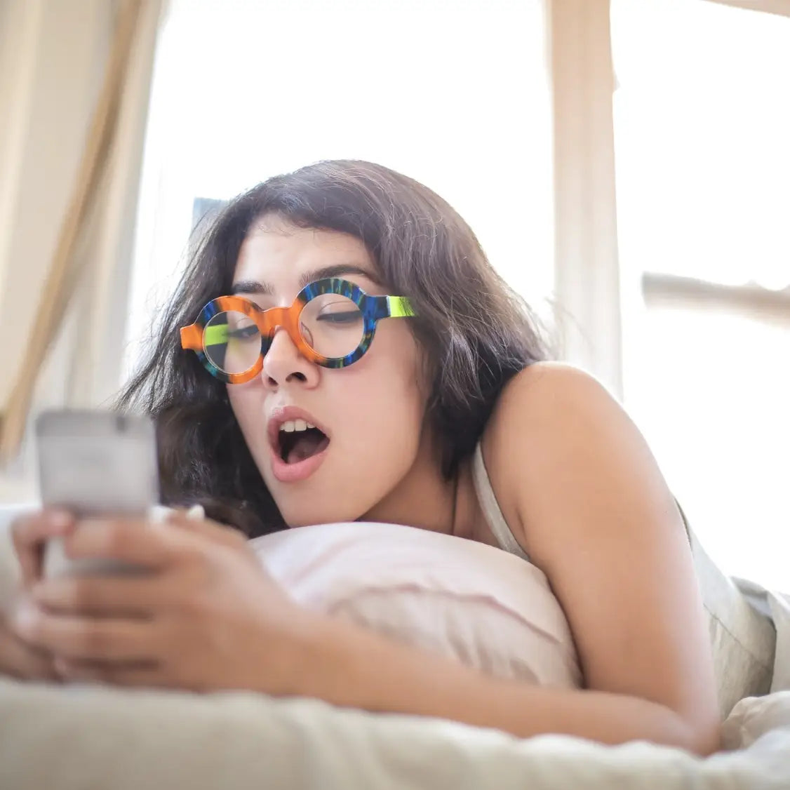 Model shot with Lime Tortoiseshell VoyueLens™ glasses, showcasing unique color combo and frosted acetate comfort