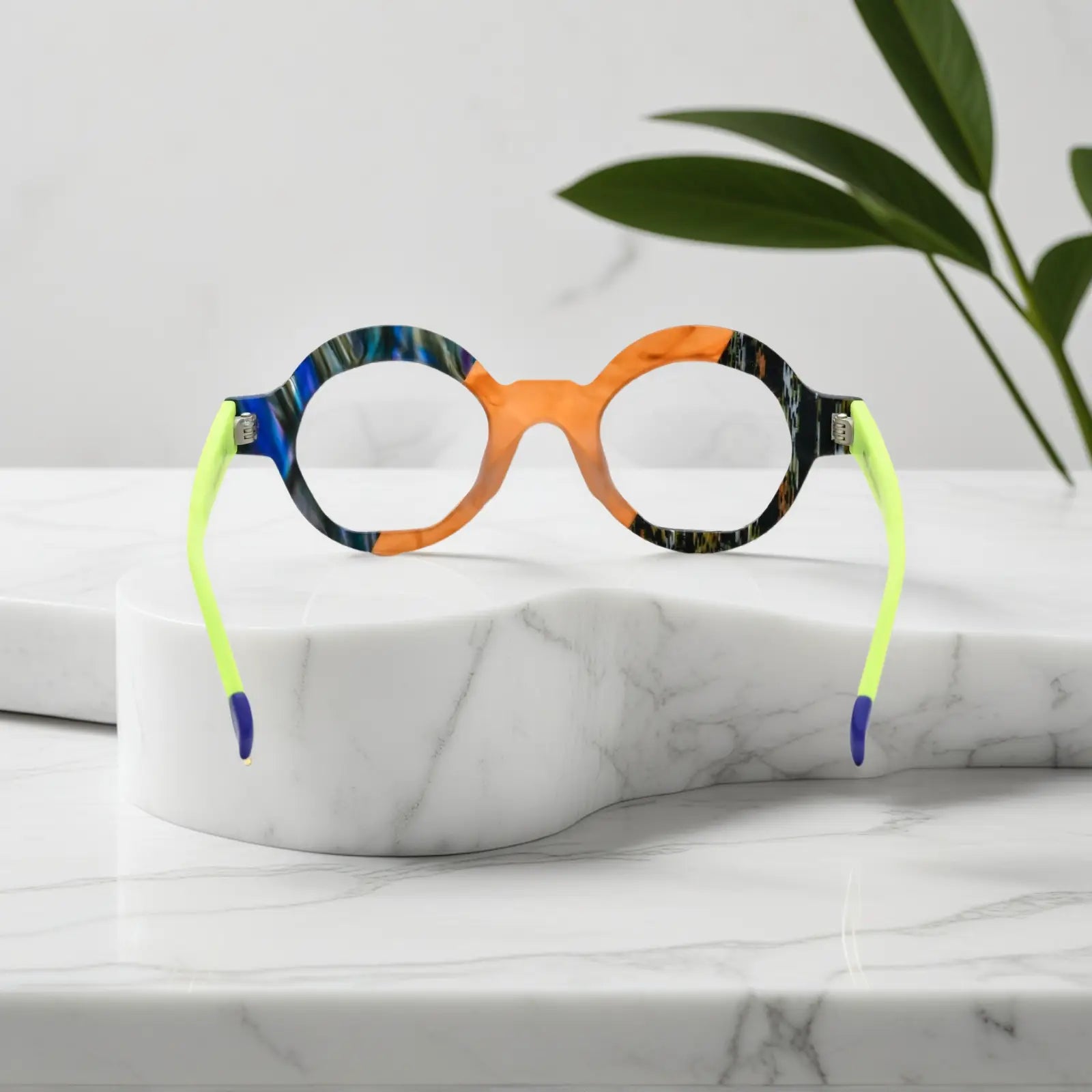 Rear view of the Lime Tortoiseshell VL19355 frame, showing sleek matte arms with flexible spring hinges and prescription support