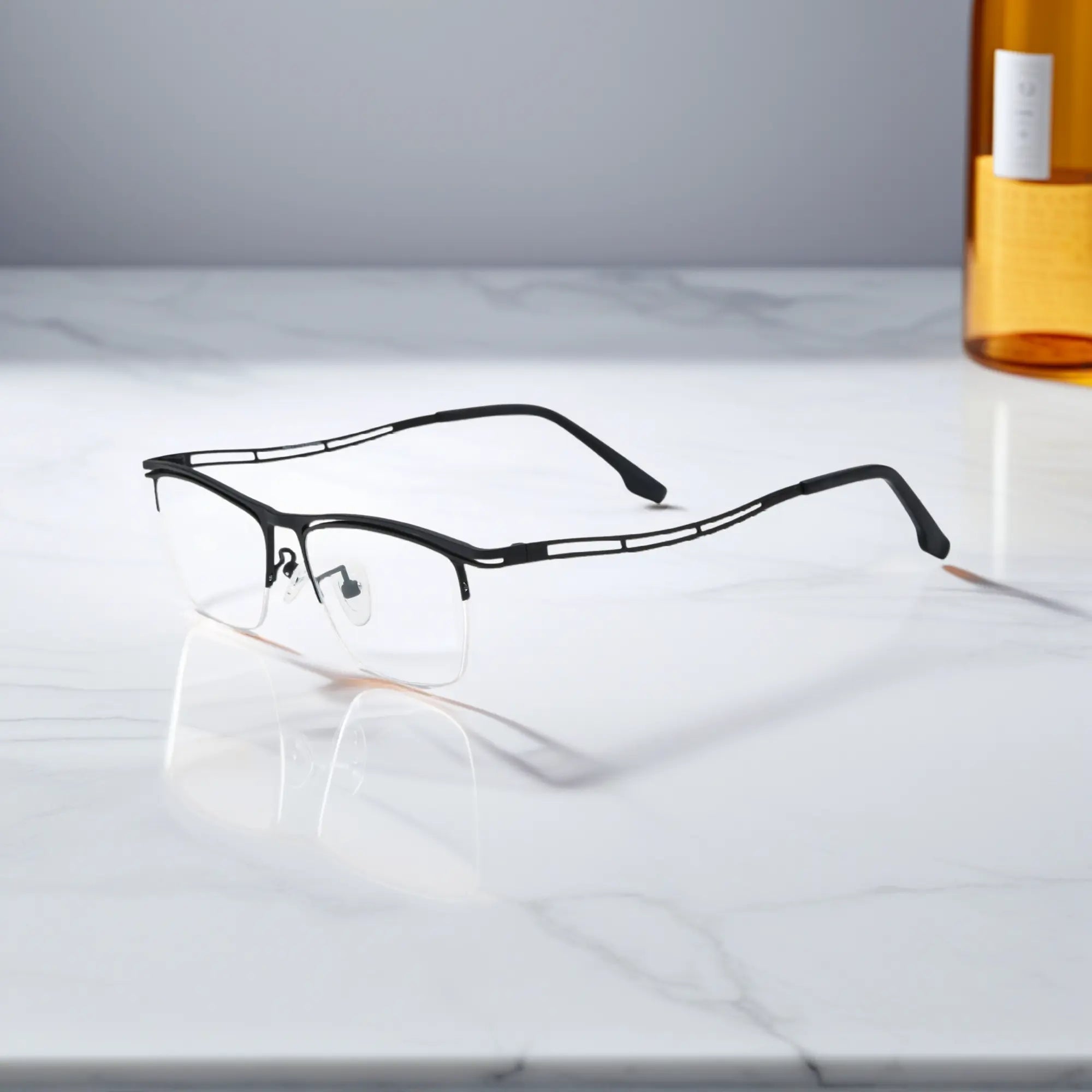 VoyueLens™ Matte Black titanium semi-rim eyeglasses side view