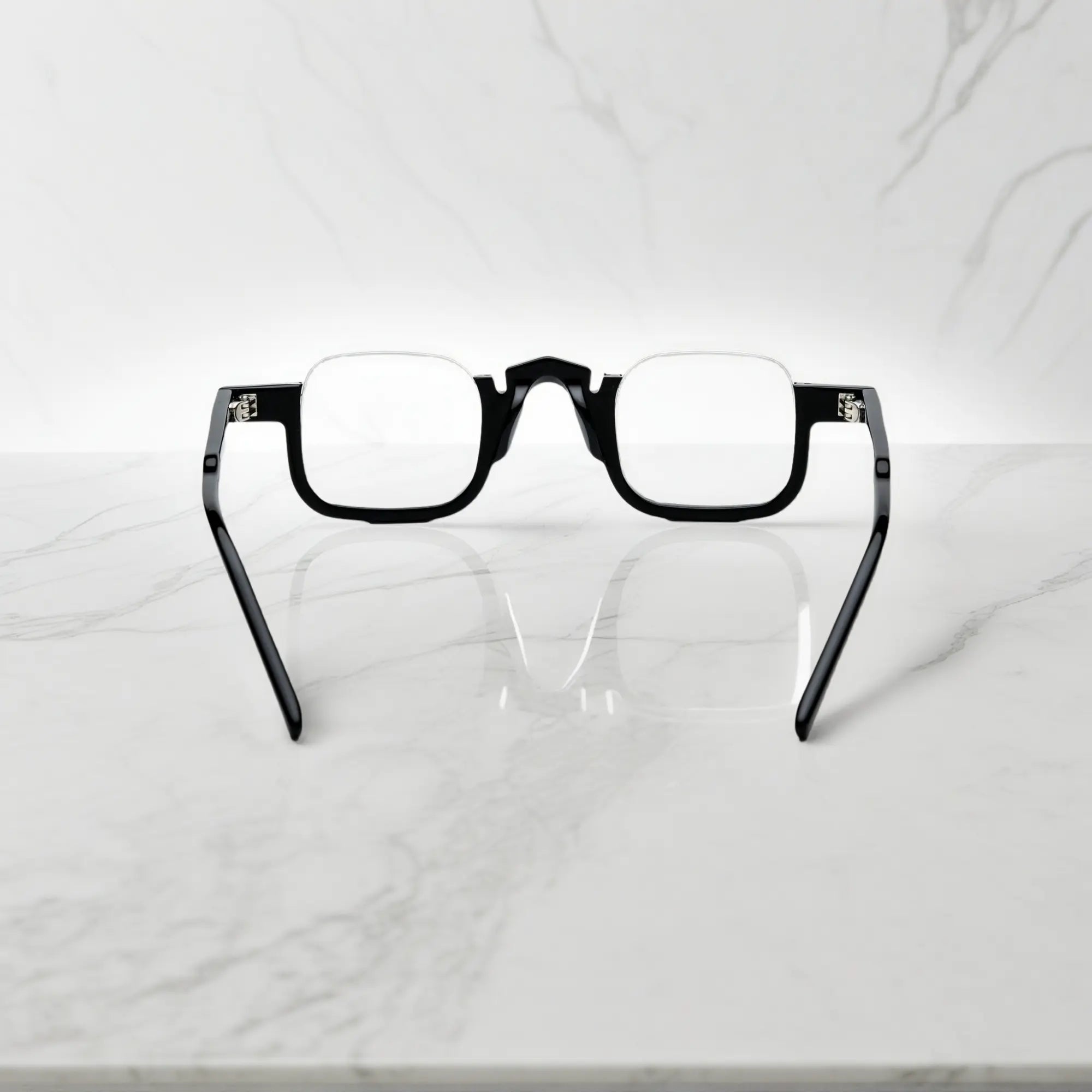 Rear view of VoyueLens™ midnight black square glasses frame with polished acetate finish