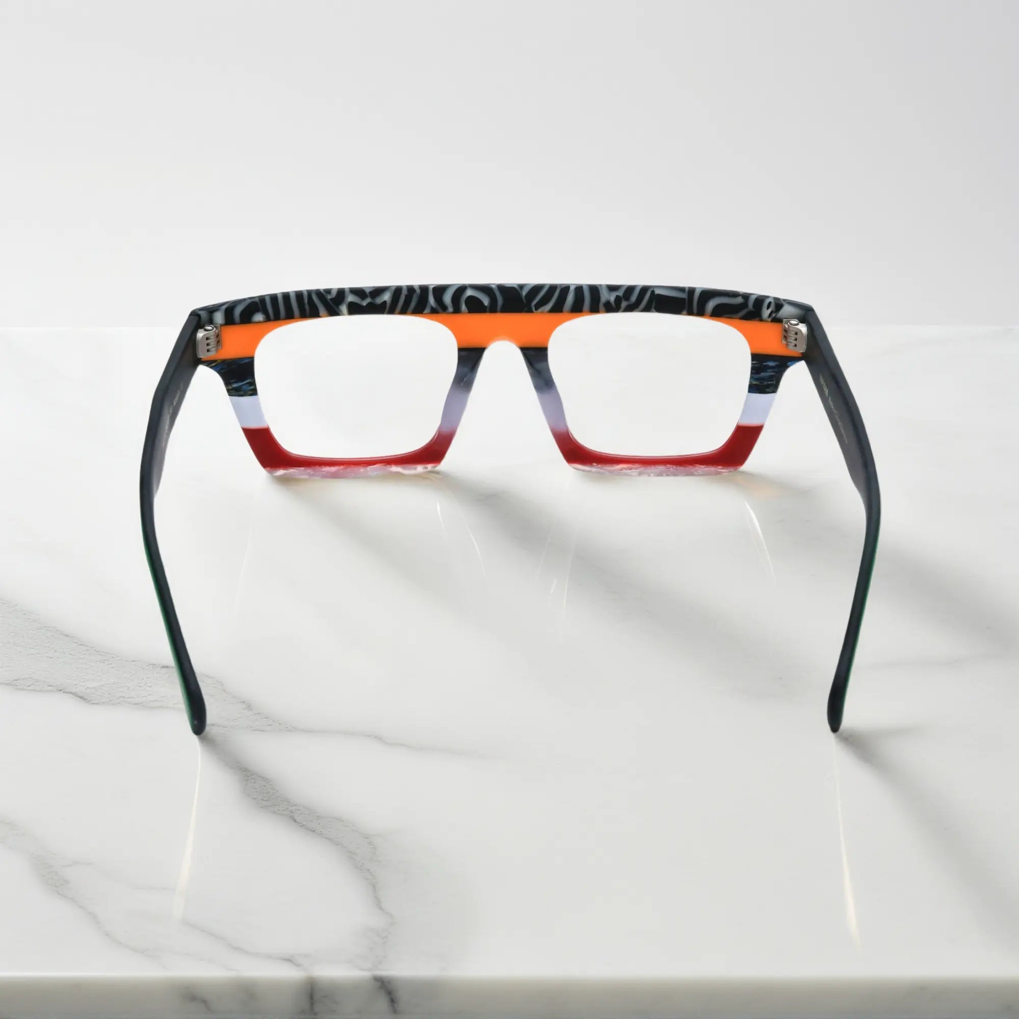 Back angle view showing frame curve and inner detail of VoyueLens Acetate Square Eyeglasses in Midnight Floral 