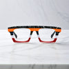 Front-facing view showcasing the bold square frame design of VoyueLens Acetate Square Eyeglasses in Midnight Floral 