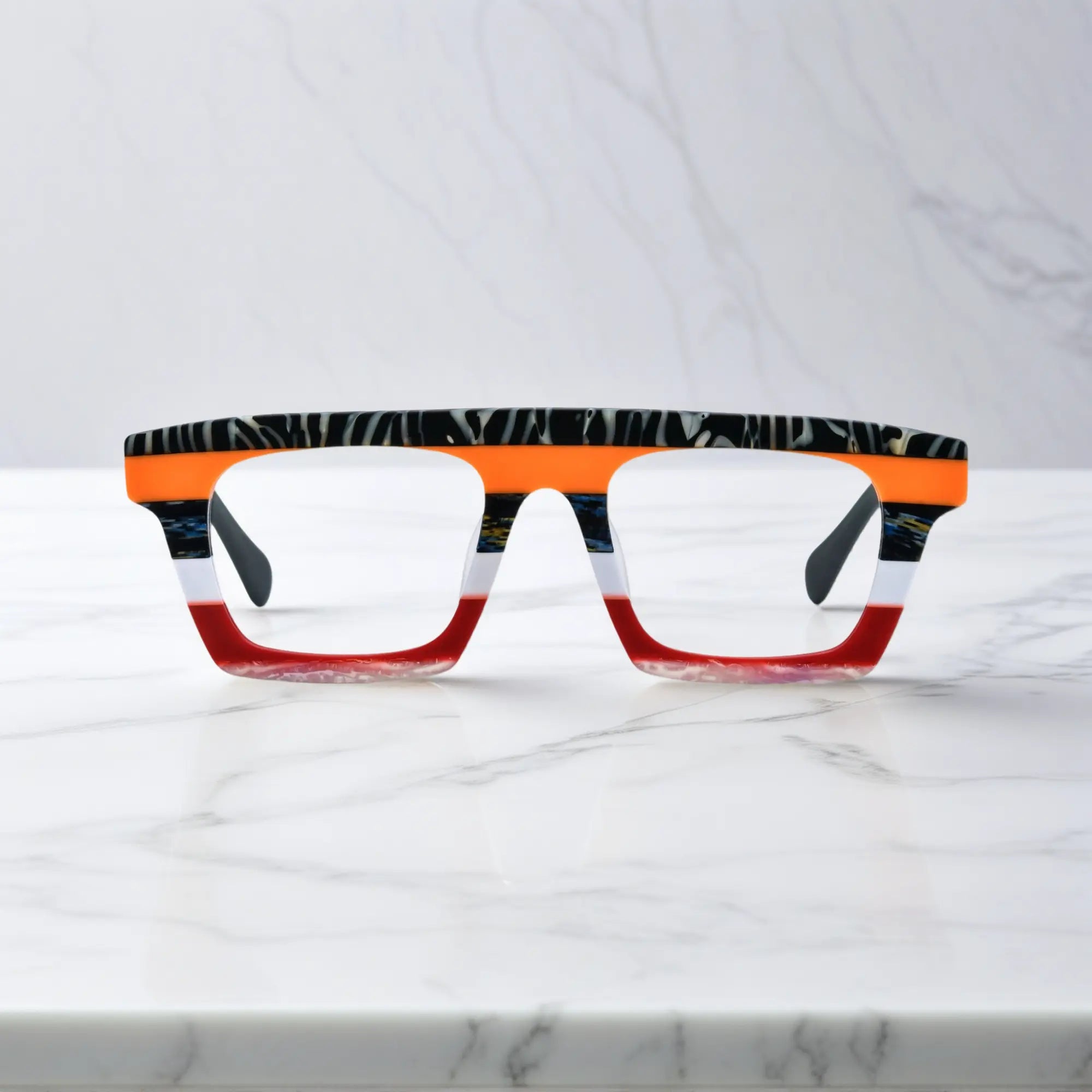 Front-facing view showcasing the bold square frame design of VoyueLens Acetate Square Eyeglasses in Midnight Floral 