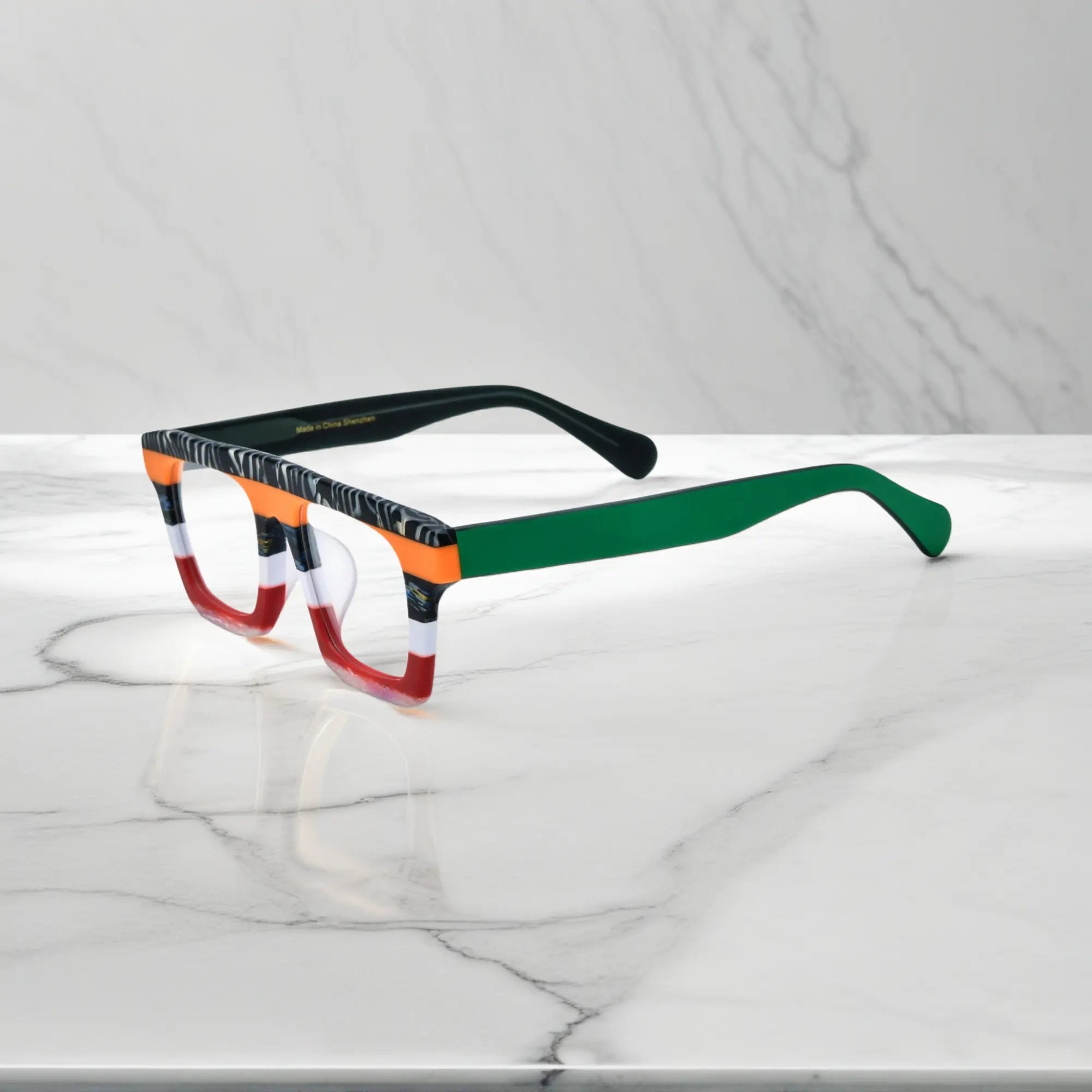 Side profile highlighting the temple structure and acetate finish of VoyueLens Acetate Square Eyeglasses in Midnight Floral 