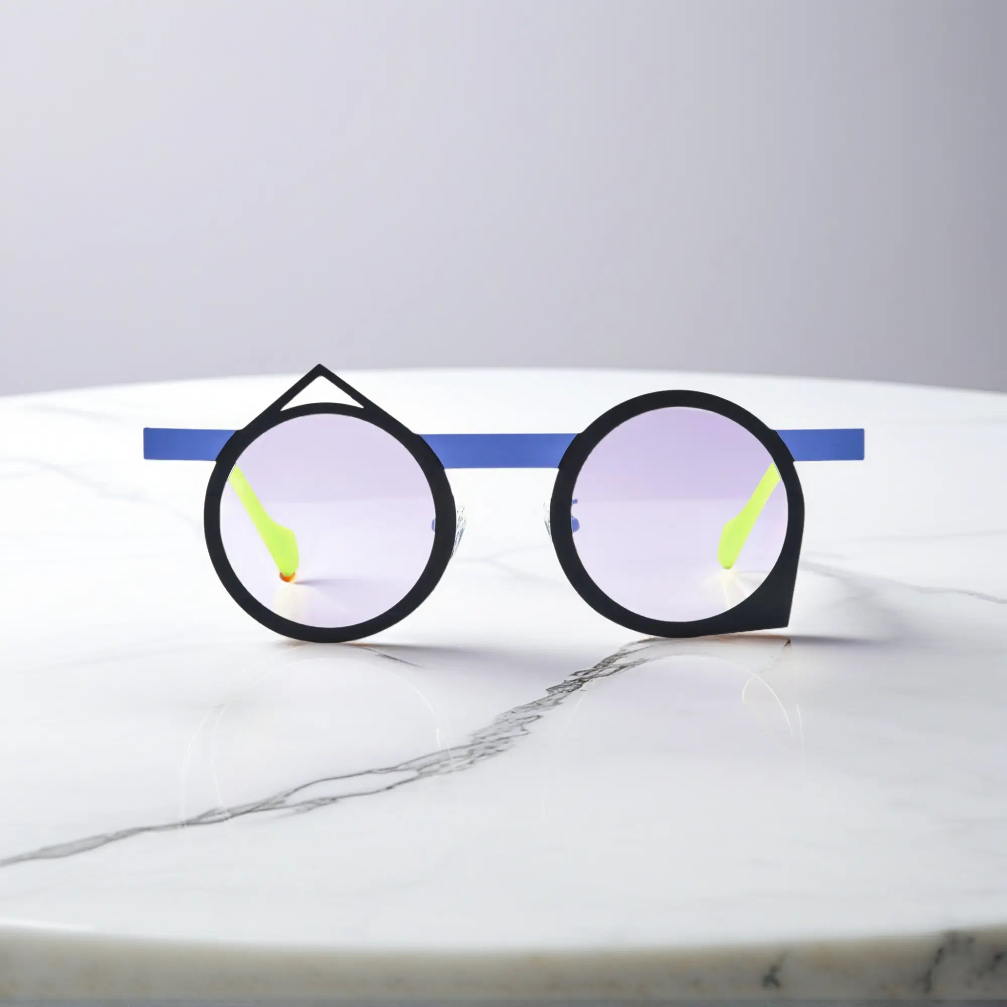 Front view of VoyueLens™ VL185801 Midnight Neon eyeglasses in sleek black and neon blue titanium geometric frame.