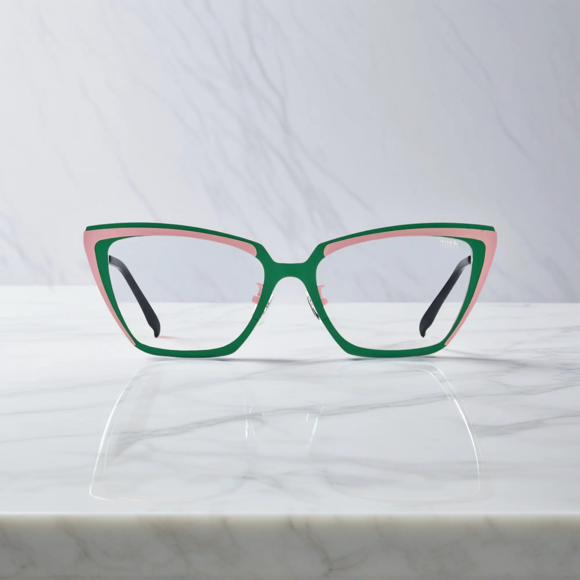 Front view of VoyueLens™ VL185809 Mint Blush cat-eye glasses in green-pink titanium frame