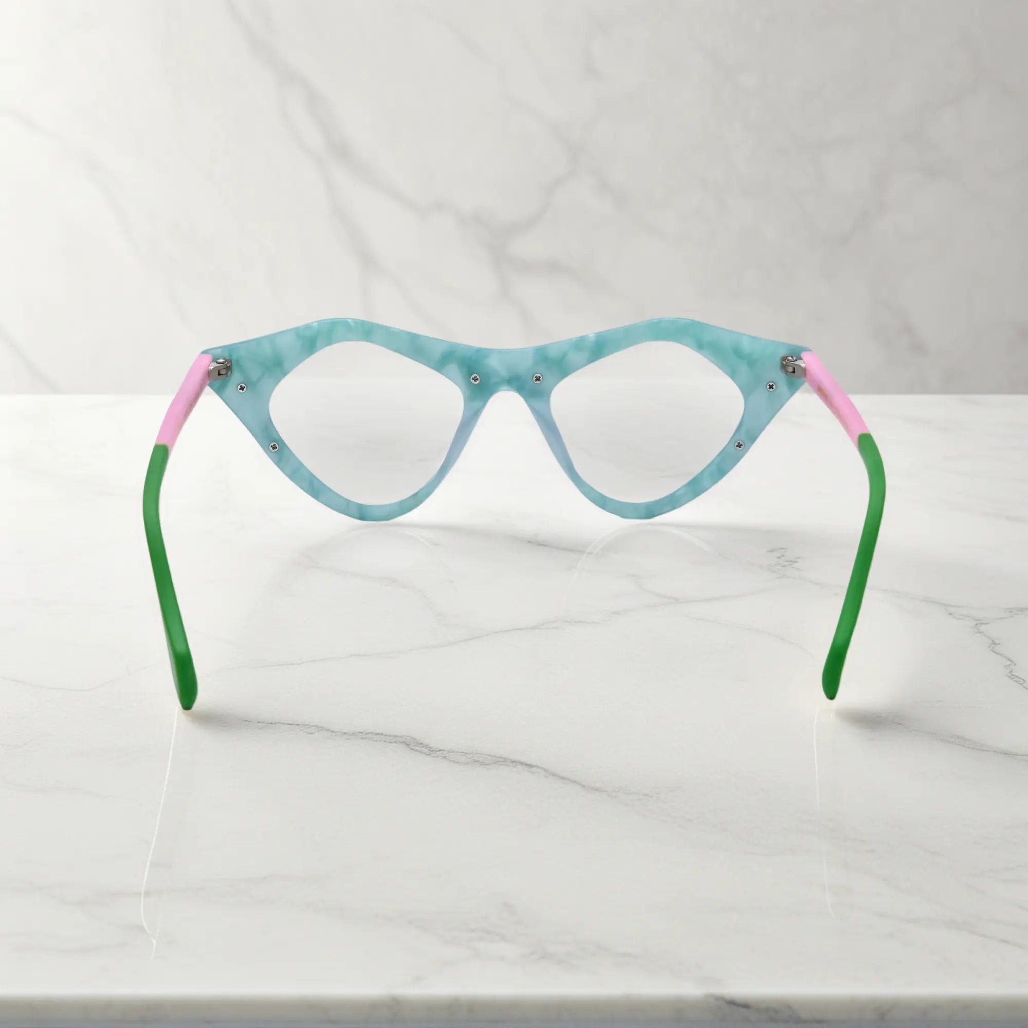 Rear view of Mint Sorbet VoyueLens™ pixel cat-eye eyewear with pastel matte finish