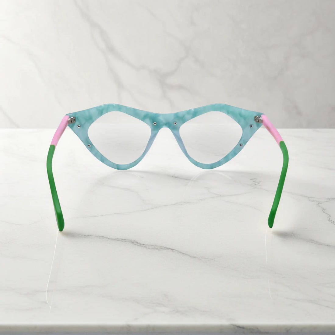 Rear view of Mint Sorbet VoyueLens™ pixel cat-eye eyewear with pastel matte finish
