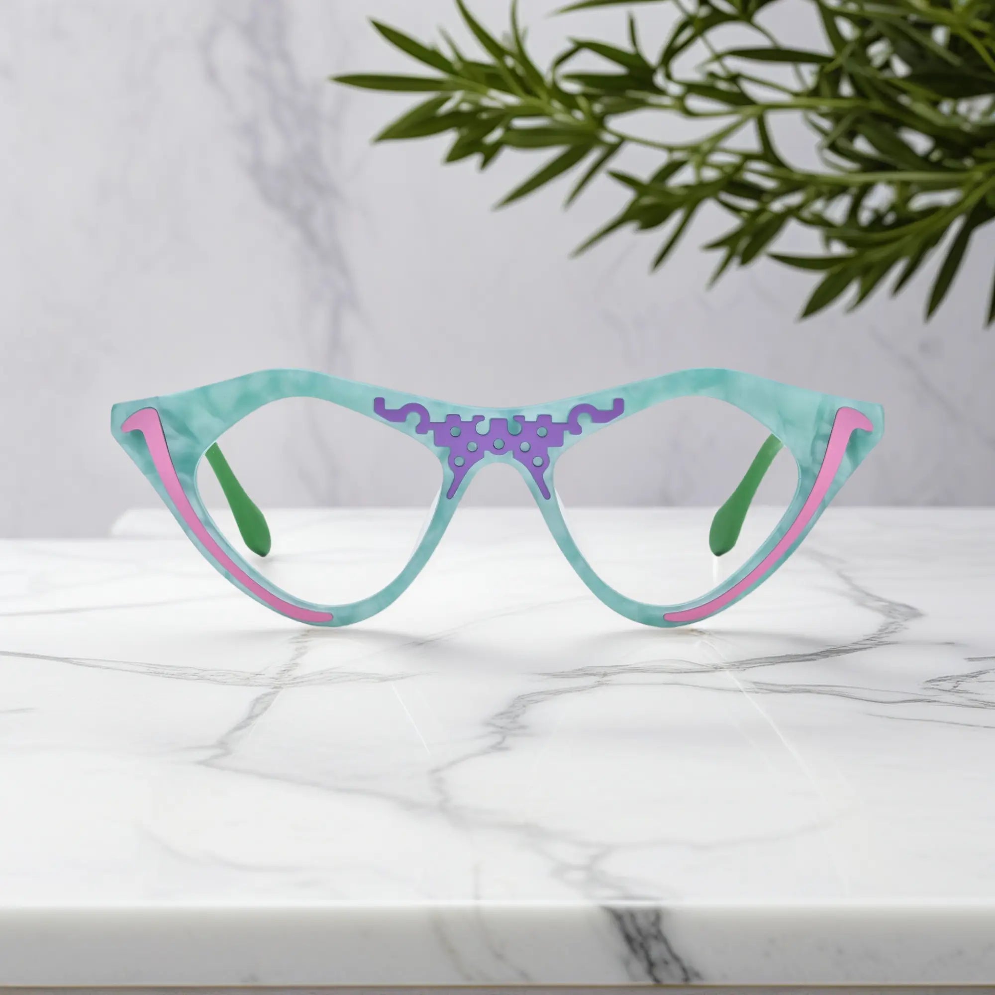 Mint Sorbet VoyueLens™ pixel cat-eye glasses front view in fresh pale green tones