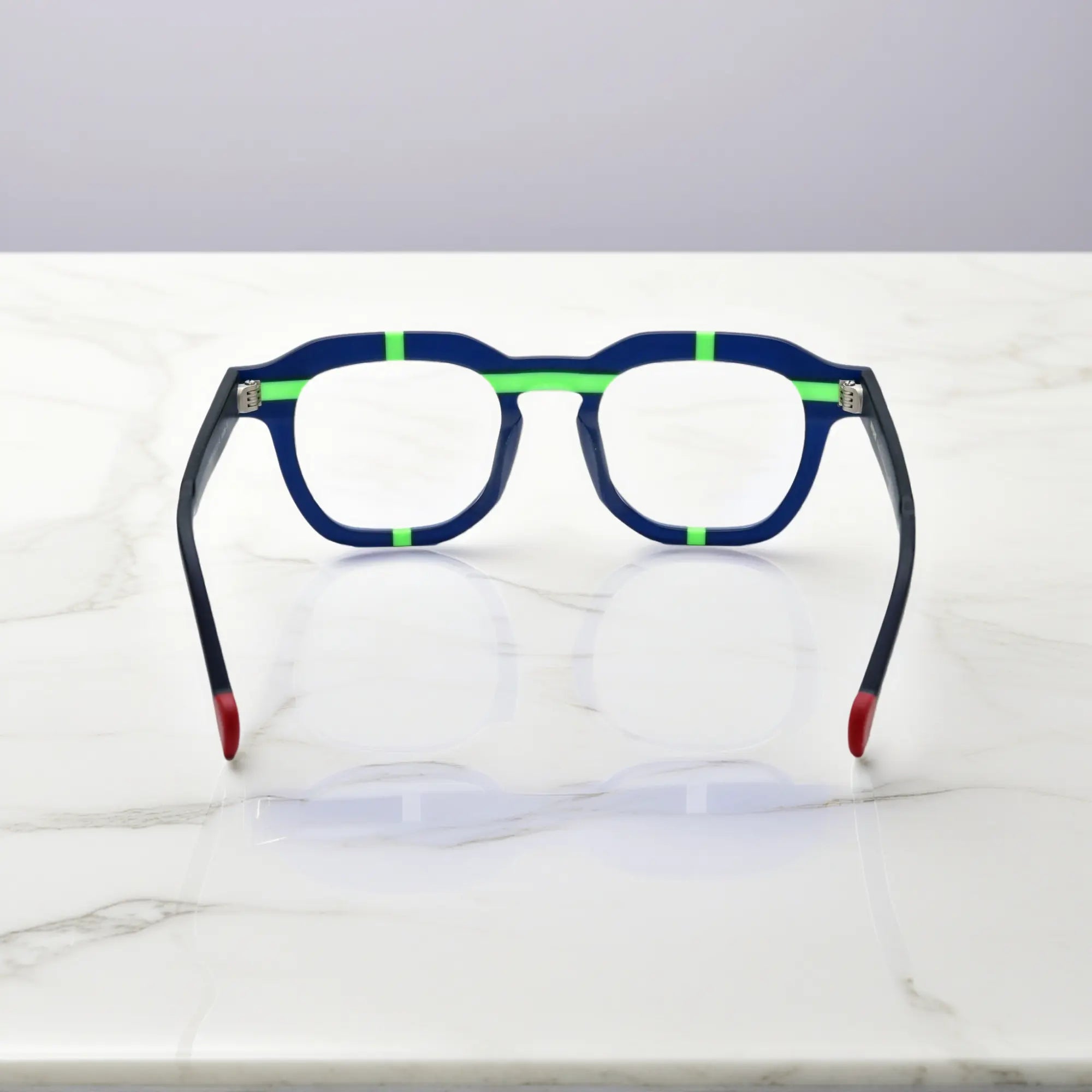Back side showing design details of Navy Bolt eyeglasses