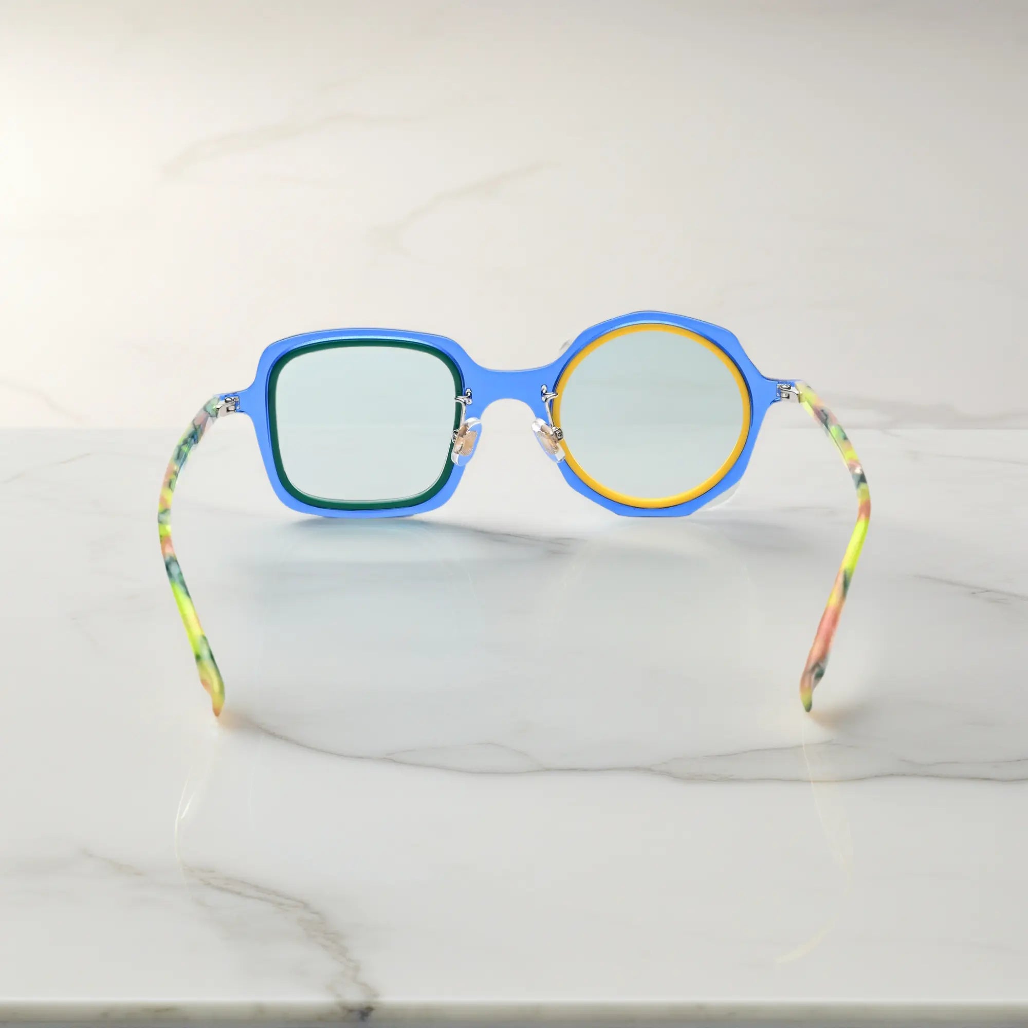 VoyueLens™ geometric eyeglasses in Navy Lemon color, rear view highlighting acetate structure and temple tips.