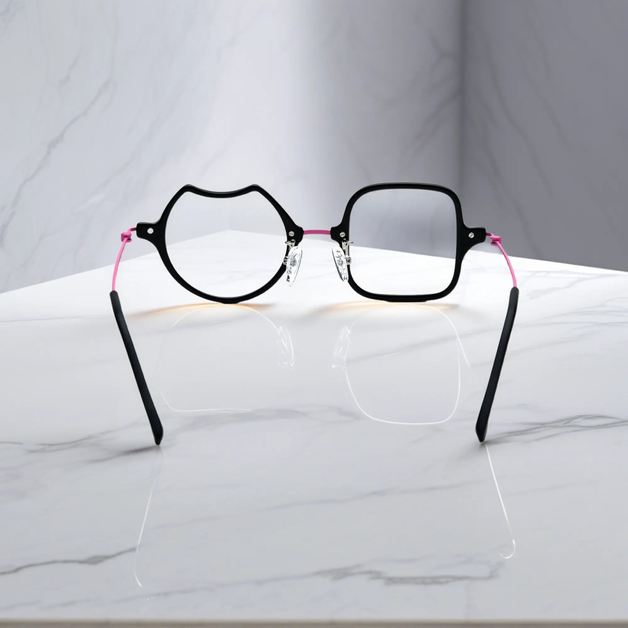 Back View of VoyueLens™ Neon Bloom stylish asymmetric eyeglasses VL185842-C6. Rear view displaying the acetate frame and the titanium temple connection structure.